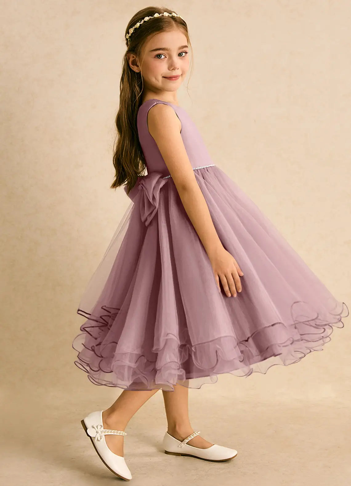 Sleeveless Round Back Bow Pearl Waist Ruffle Tulle Midi Lavender Flower Girl Dresses