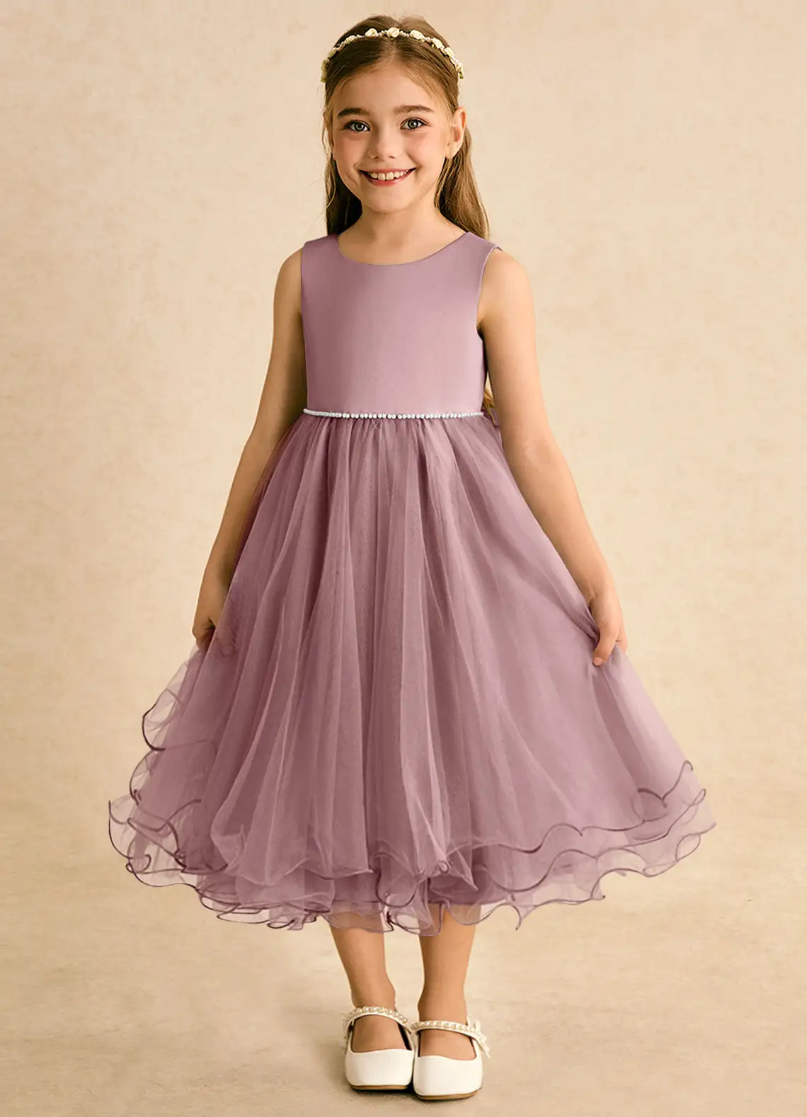 Sleeveless Round Back Bow Pearl Waist Ruffle Tulle Midi Lavender Flower Girl Dresses