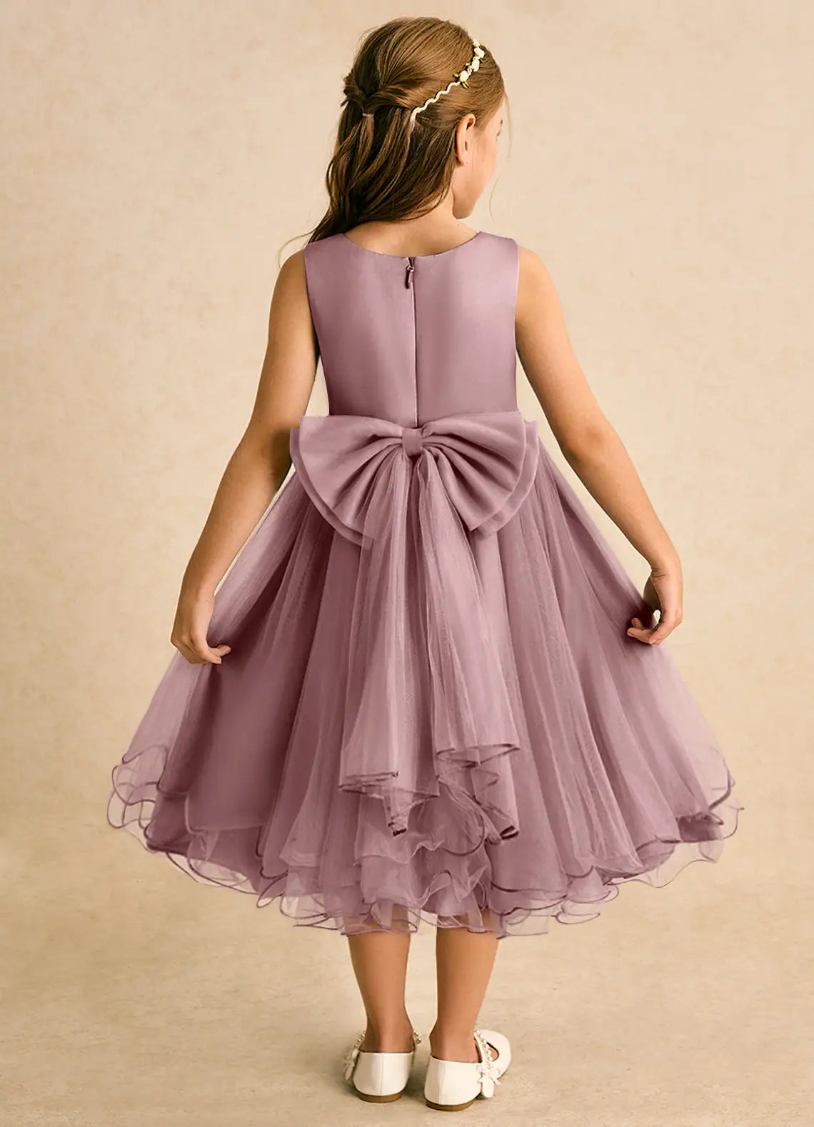 Sleeveless Round Back Bow Pearl Waist Ruffle Tulle Midi Lavender Flower Girl Dresses