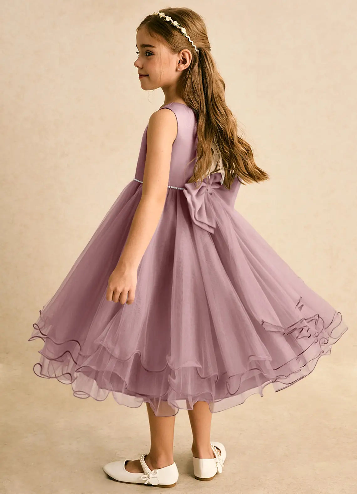 Sleeveless Round Back Bow Pearl Waist Ruffle Tulle Midi Lavender Flower Girl Dresses