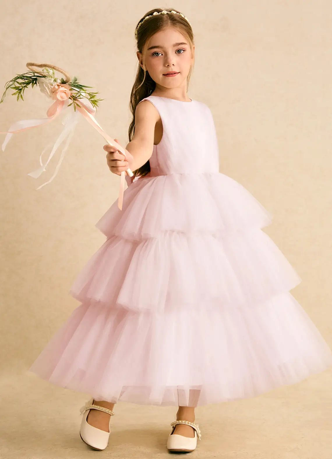 Sleeveless Round Back Bow Light Pink Tiered Tulle Full-Length Flower Girl Dresses