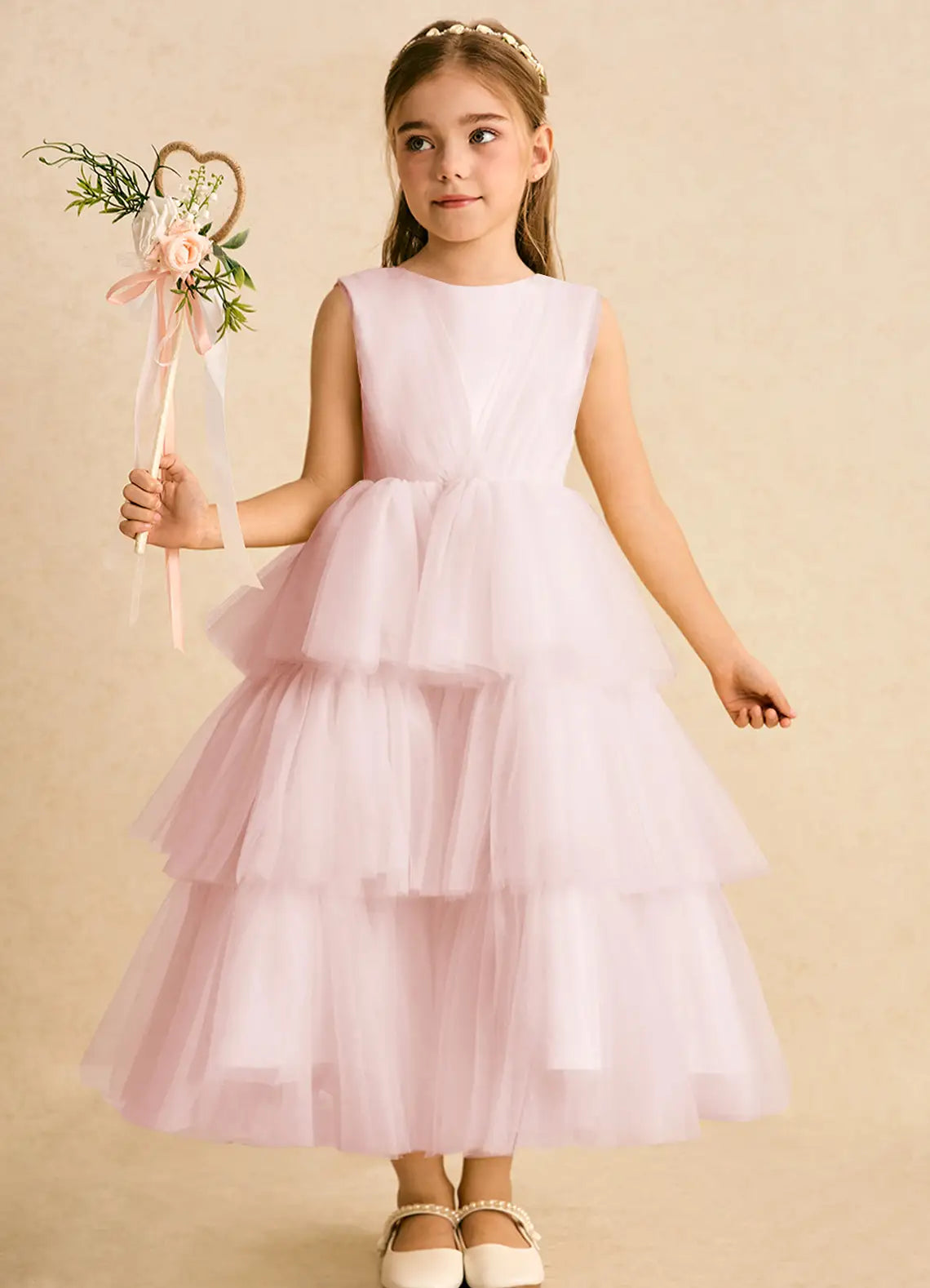 Sleeveless Round Back Bow Light Pink Tiered Tulle Full-Length Flower Girl Dresses