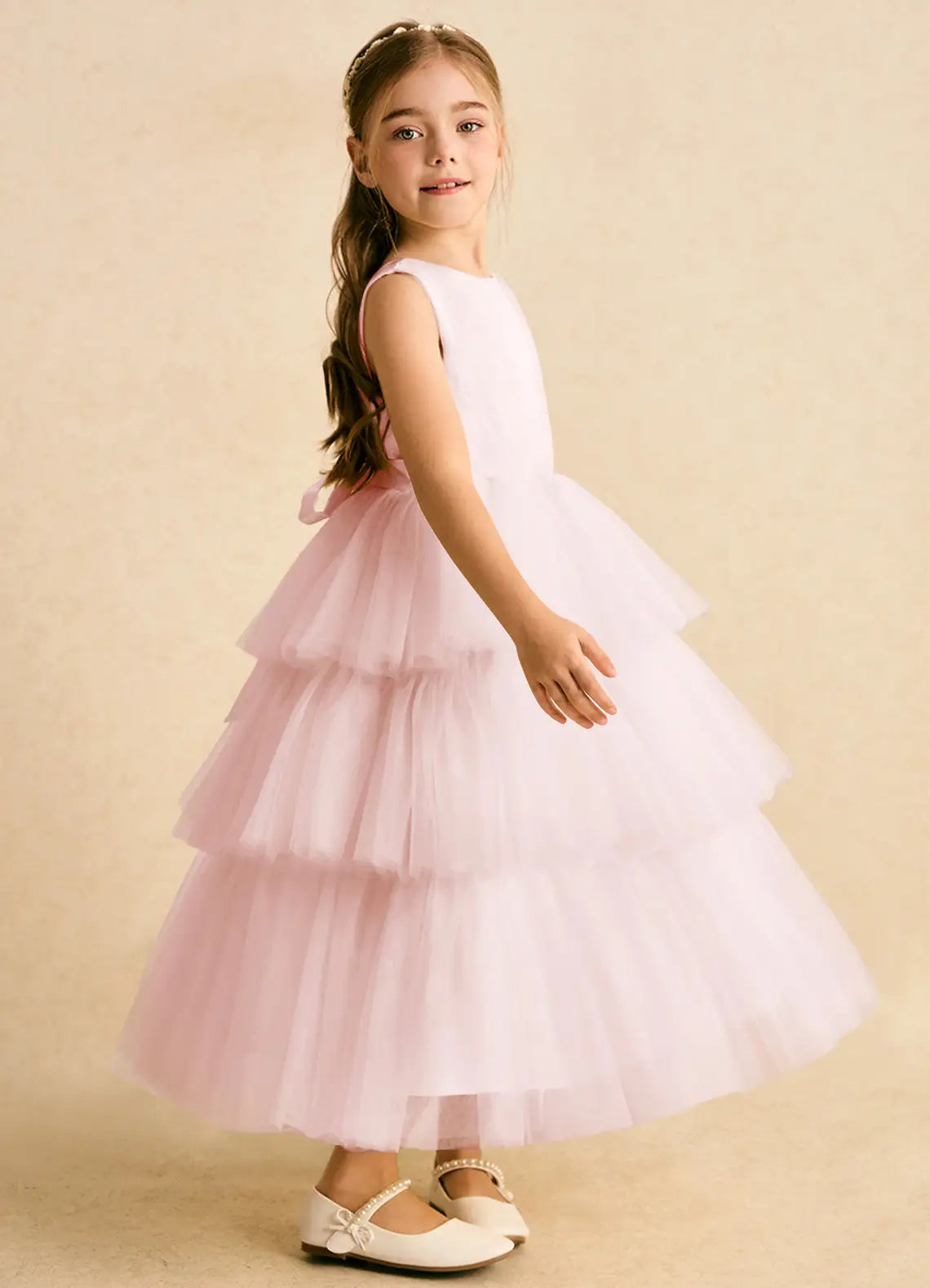 Sleeveless Round Back Bow Light Pink Tiered Tulle Full-Length Flower Girl Dresses