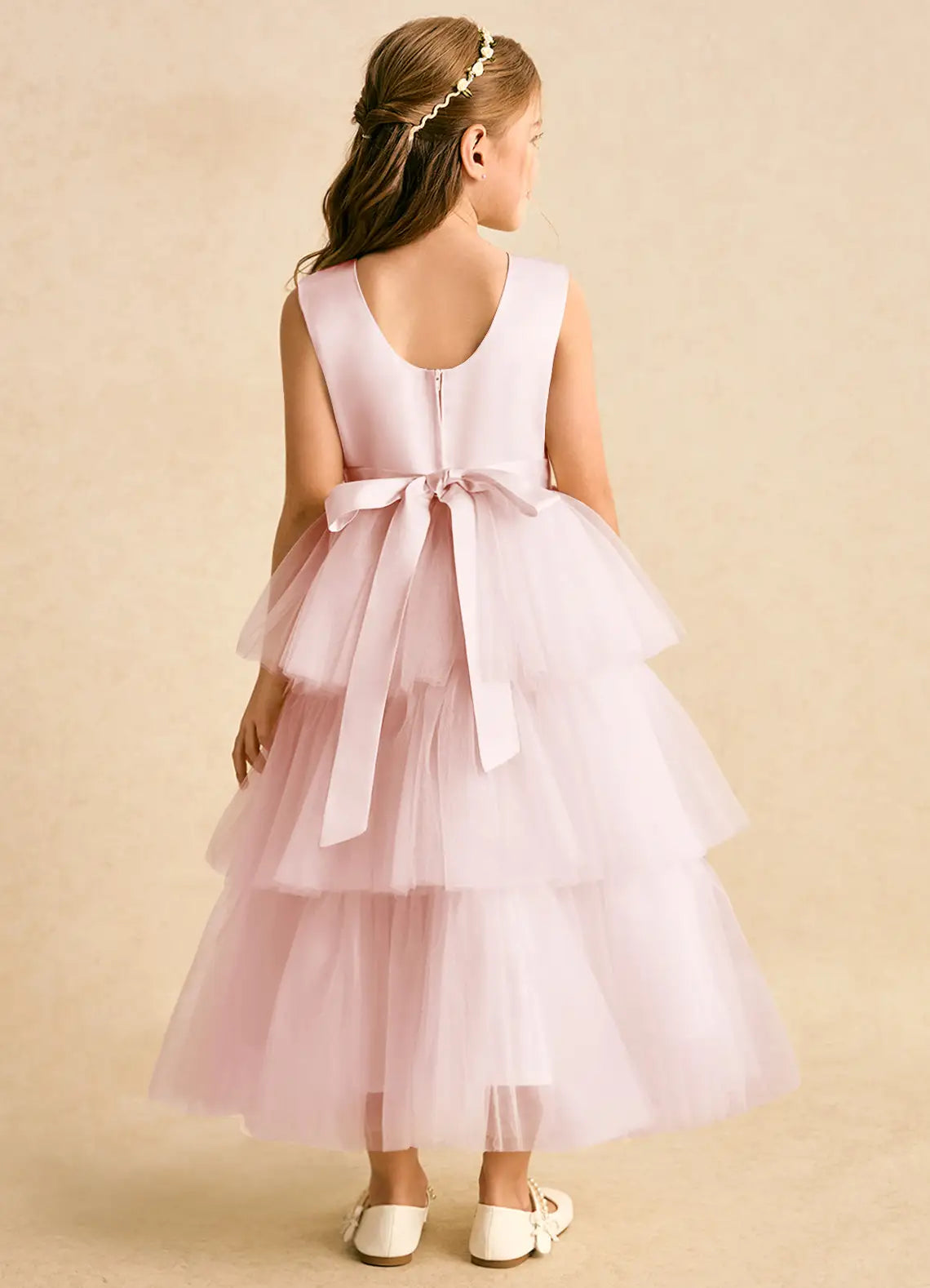 Sleeveless Round Back Bow Light Pink Tiered Tulle Full-Length Flower Girl Dresses
