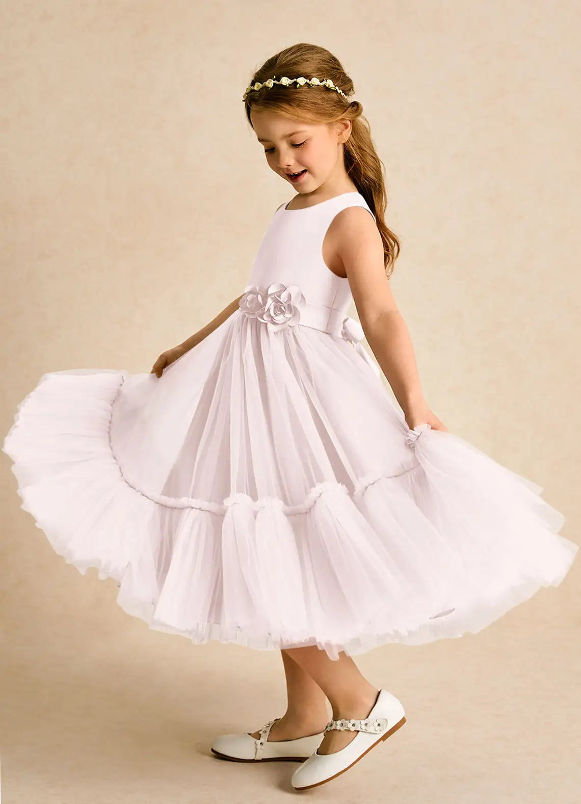 Sleeveless Round Back Self-Tie Floral Sash Tiered Tulle Midi White Flower Girl Dresses