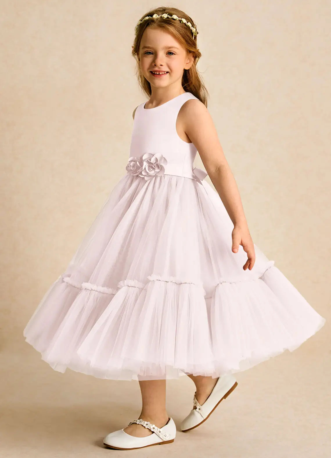 Sleeveless Round Back Self-Tie Floral Sash Tiered Tulle Midi White Flower Girl Dresses
