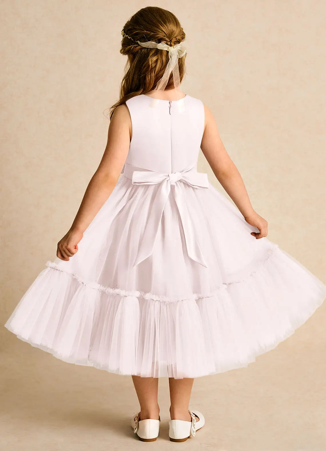 Sleeveless Round Back Self-Tie Floral Sash Tiered Tulle Midi White Flower Girl Dresses