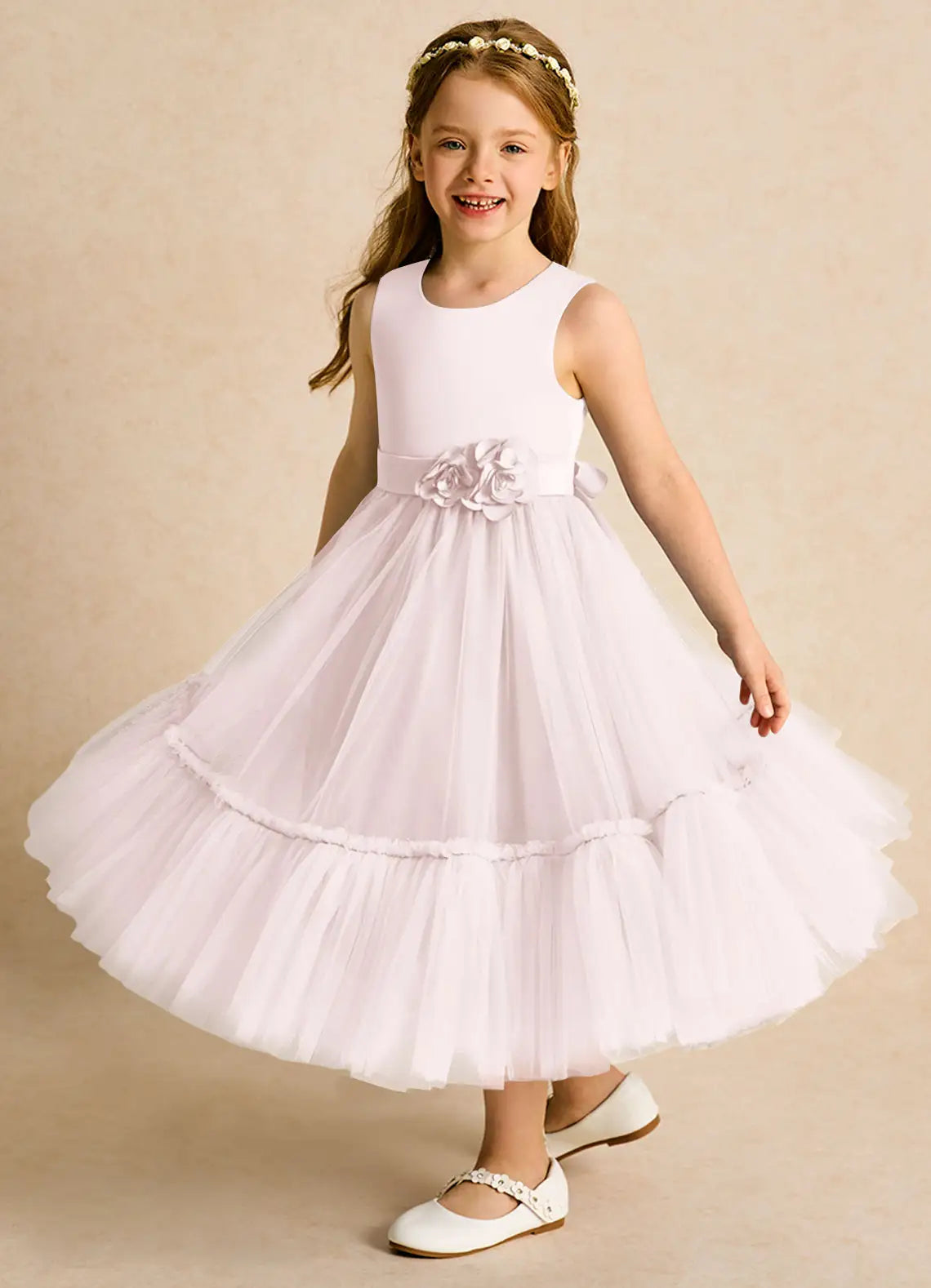 Sleeveless Round Back Self-Tie Floral Sash Tiered Tulle Midi White Flower Girl Dresses