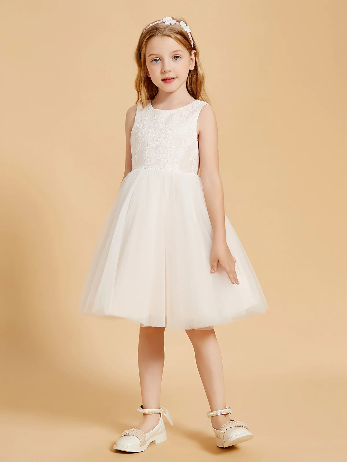 Sleeveless Round Back Zip White Floral Lace Ivory Tulle Midi Swing Flower Girl Dresses