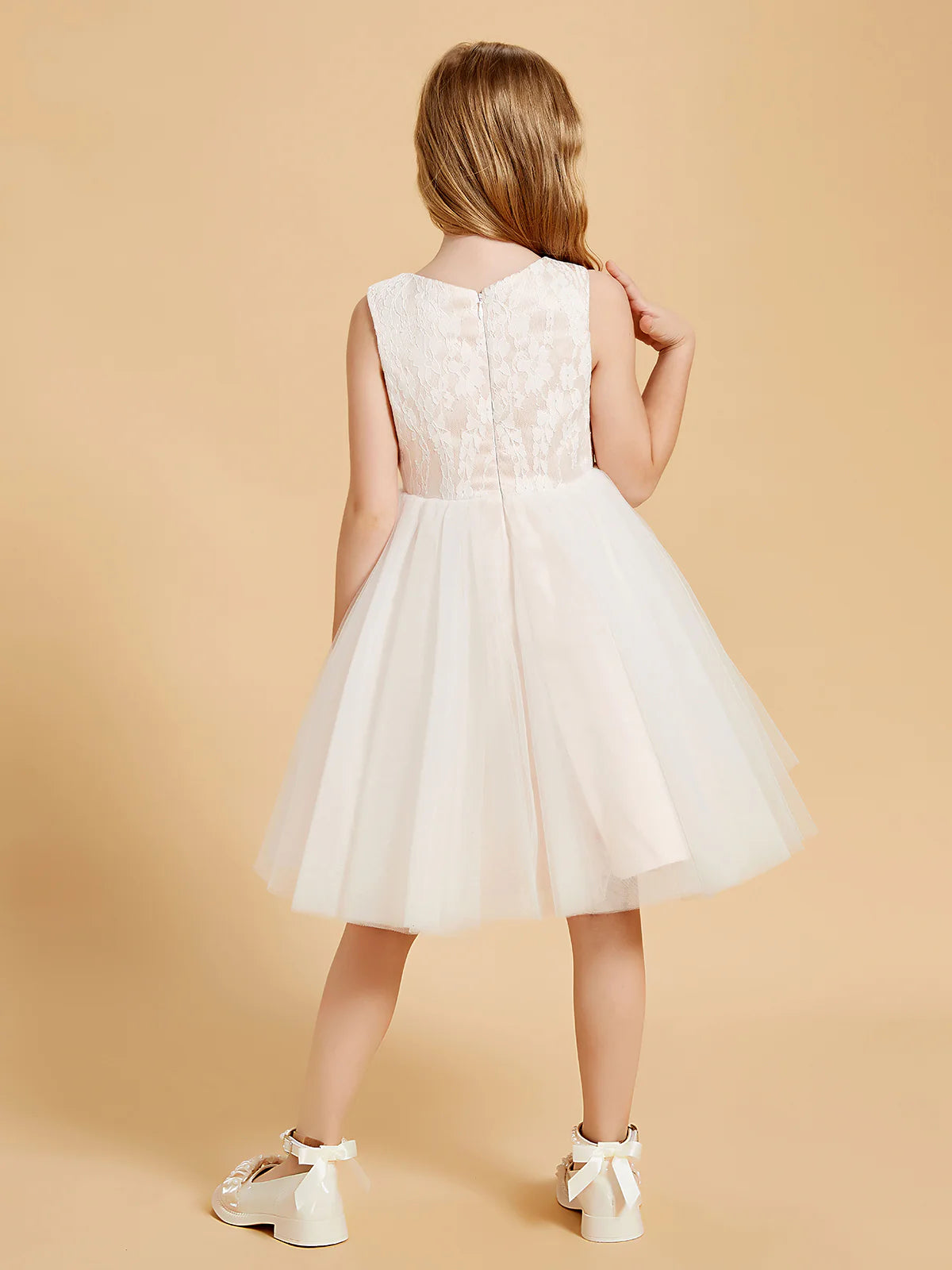 Sleeveless Round Back Zip White Floral Lace Ivory Tulle Midi Swing Flower Girl Dresses