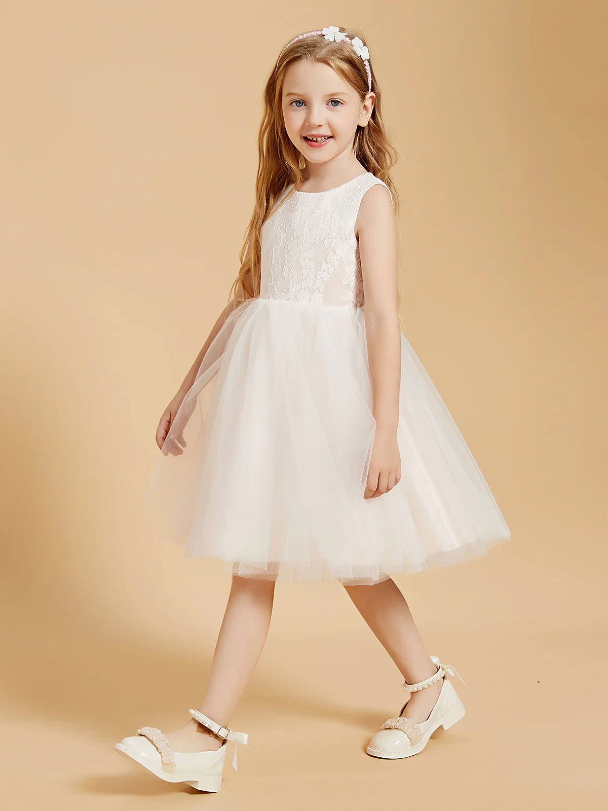 Sleeveless Round Back Zip White Floral Lace Ivory Tulle Midi Swing Flower Girl Dresses