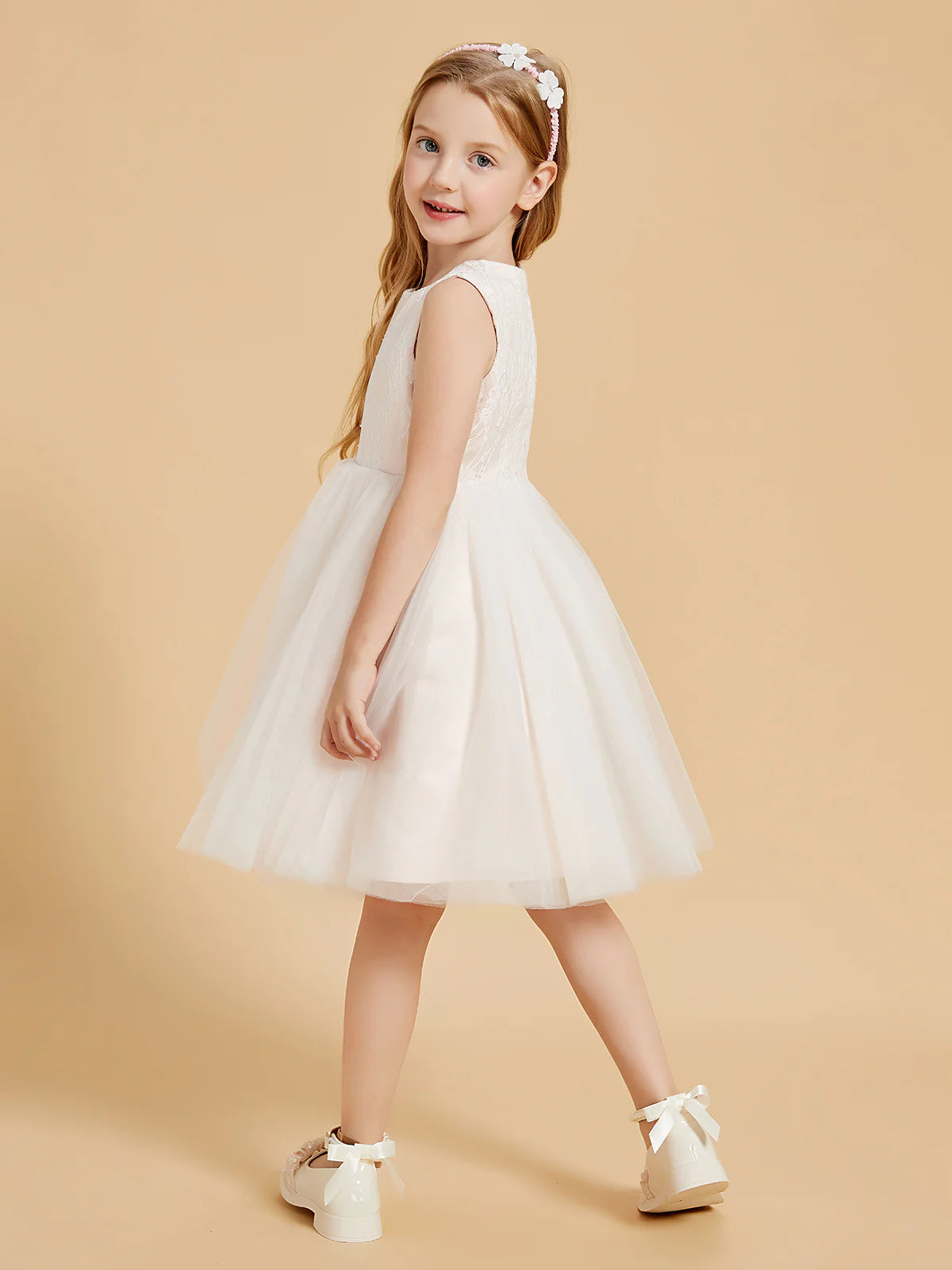 Sleeveless Round Back Zip White Floral Lace Ivory Tulle Midi Swing Flower Girl Dresses