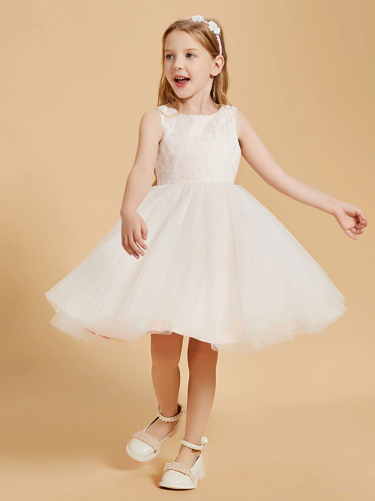 Sleeveless Round Back Zip White Floral Lace Ivory Tulle Midi Swing Flower Girl Dresses