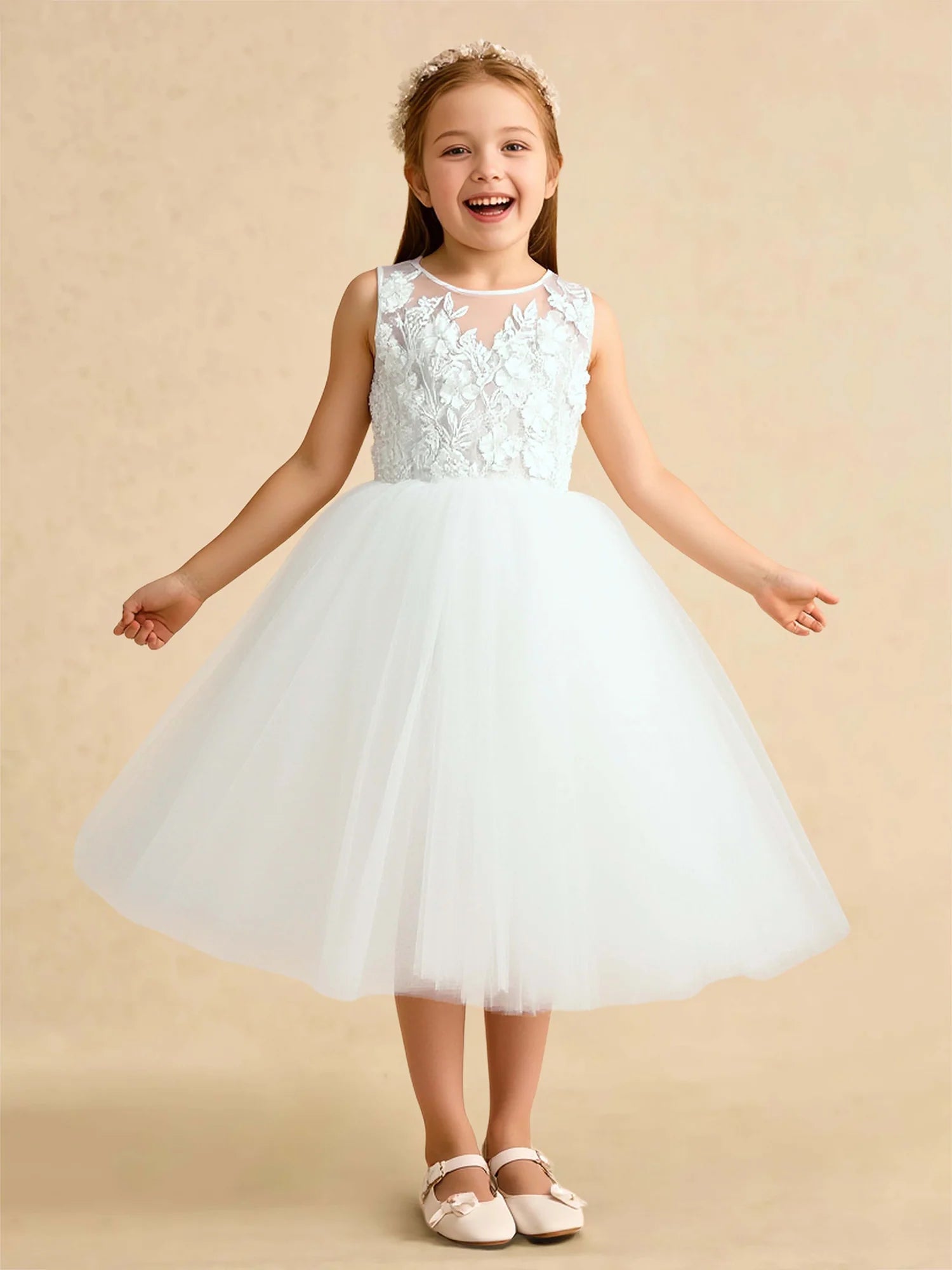 Sleeveless Round Deep V Back 3D Floral Lace Big Tulle Bow White Midi Flower Girl Dresses