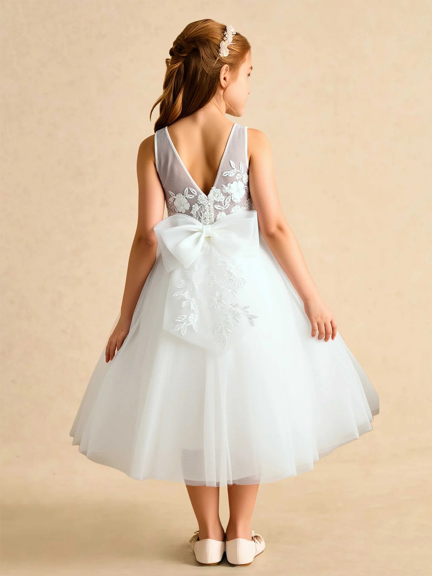 Sleeveless Round Deep V Back 3D Floral Lace Big Tulle Bow White Midi Flower Girl Dresses
