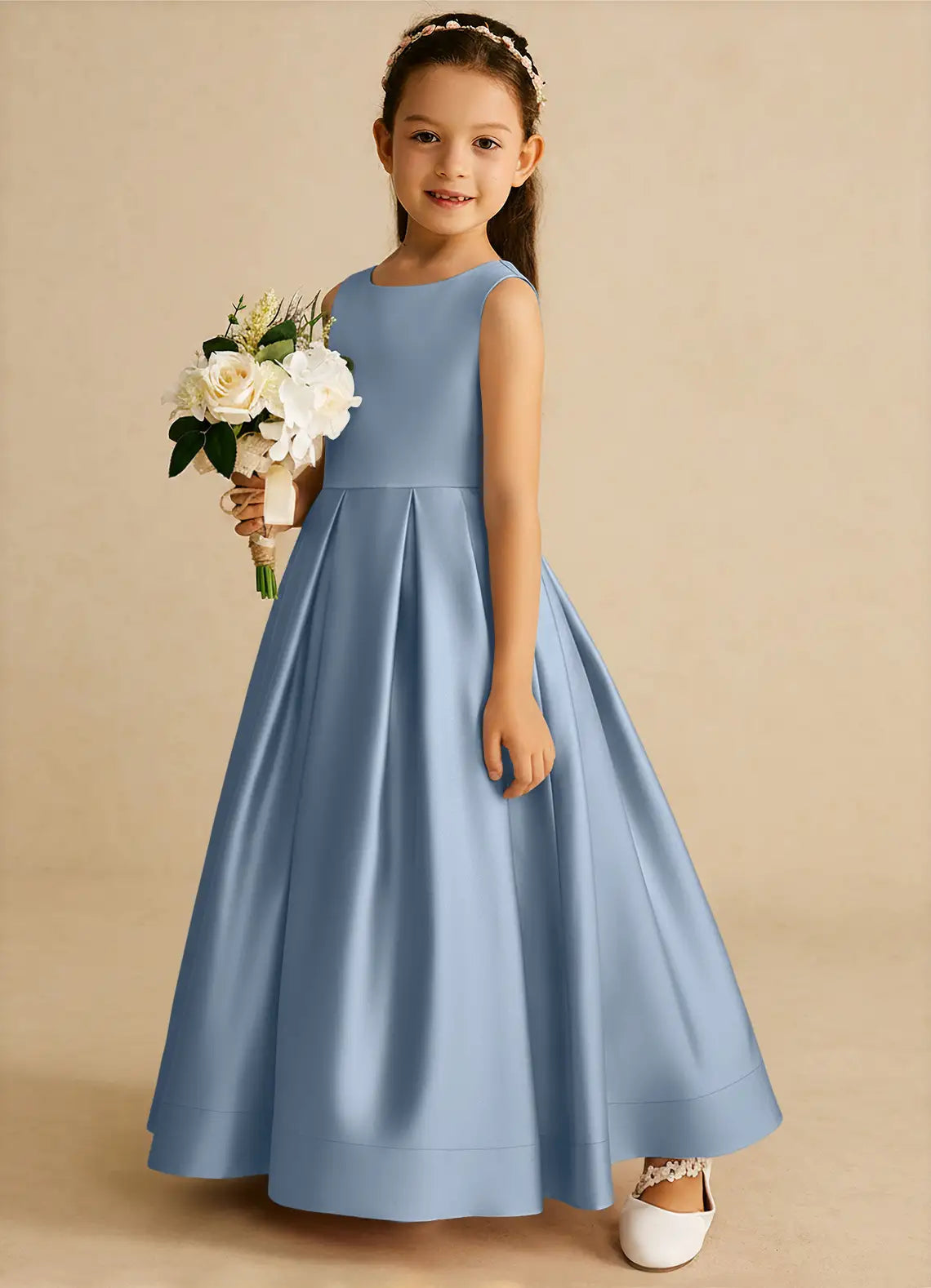 Sleeveless Round Deep V-Back Big Self-Tie Bow Pleated Dusty Blue Satin Full-Length Flower Girl Dresses