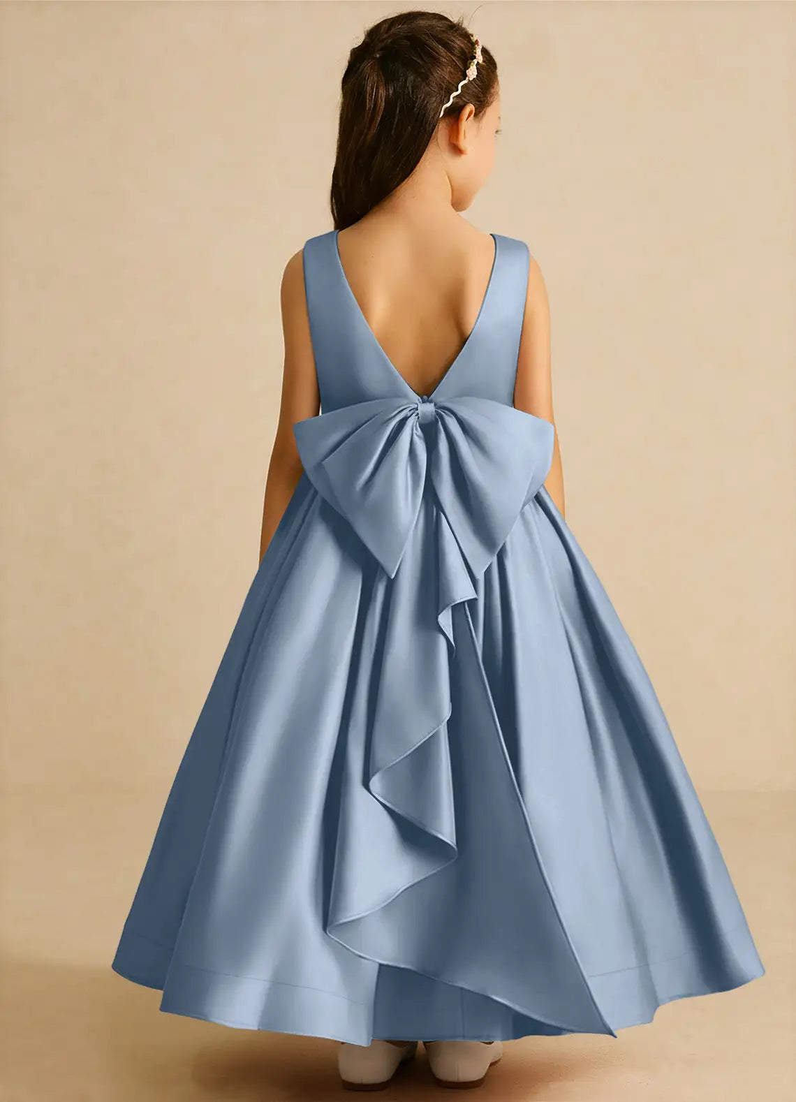 Sleeveless Round Deep V-Back Big Self-Tie Bow Pleated Dusty Blue Satin Full-Length Flower Girl Dresses