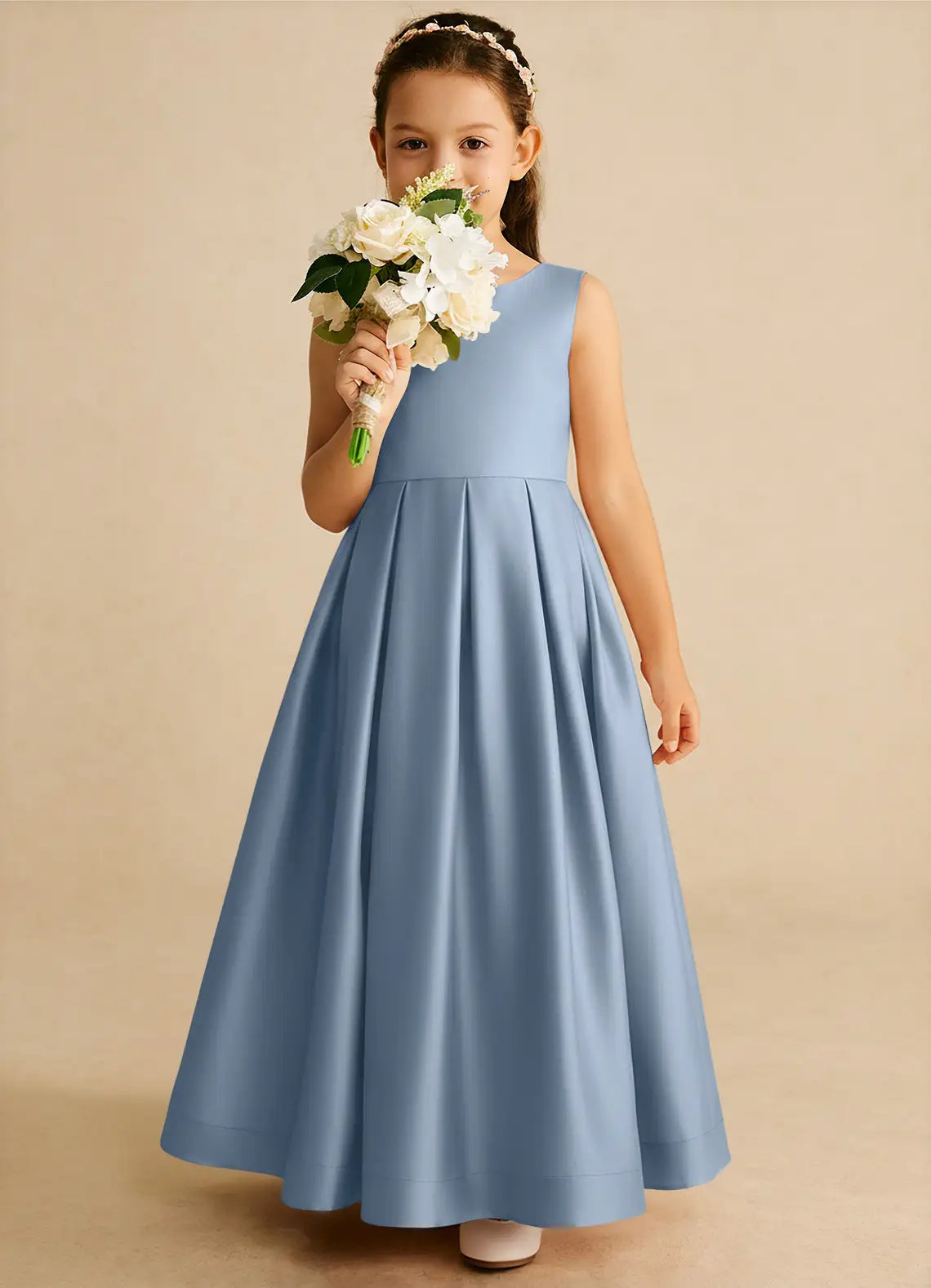 Sleeveless Round Deep V-Back Big Self-Tie Bow Pleated Dusty Blue Satin Full-Length Flower Girl Dresses