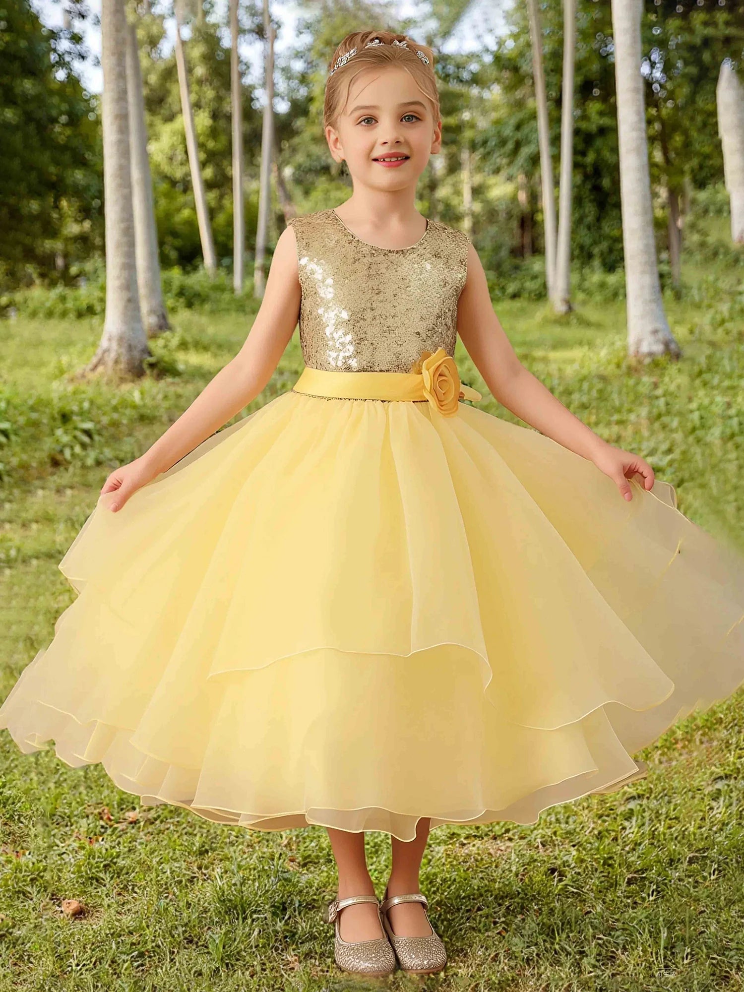 Sleeveless Round Gold Sequin Back Big Bow Yellow Ruffle Tulle Midi Flower Girl Dresses