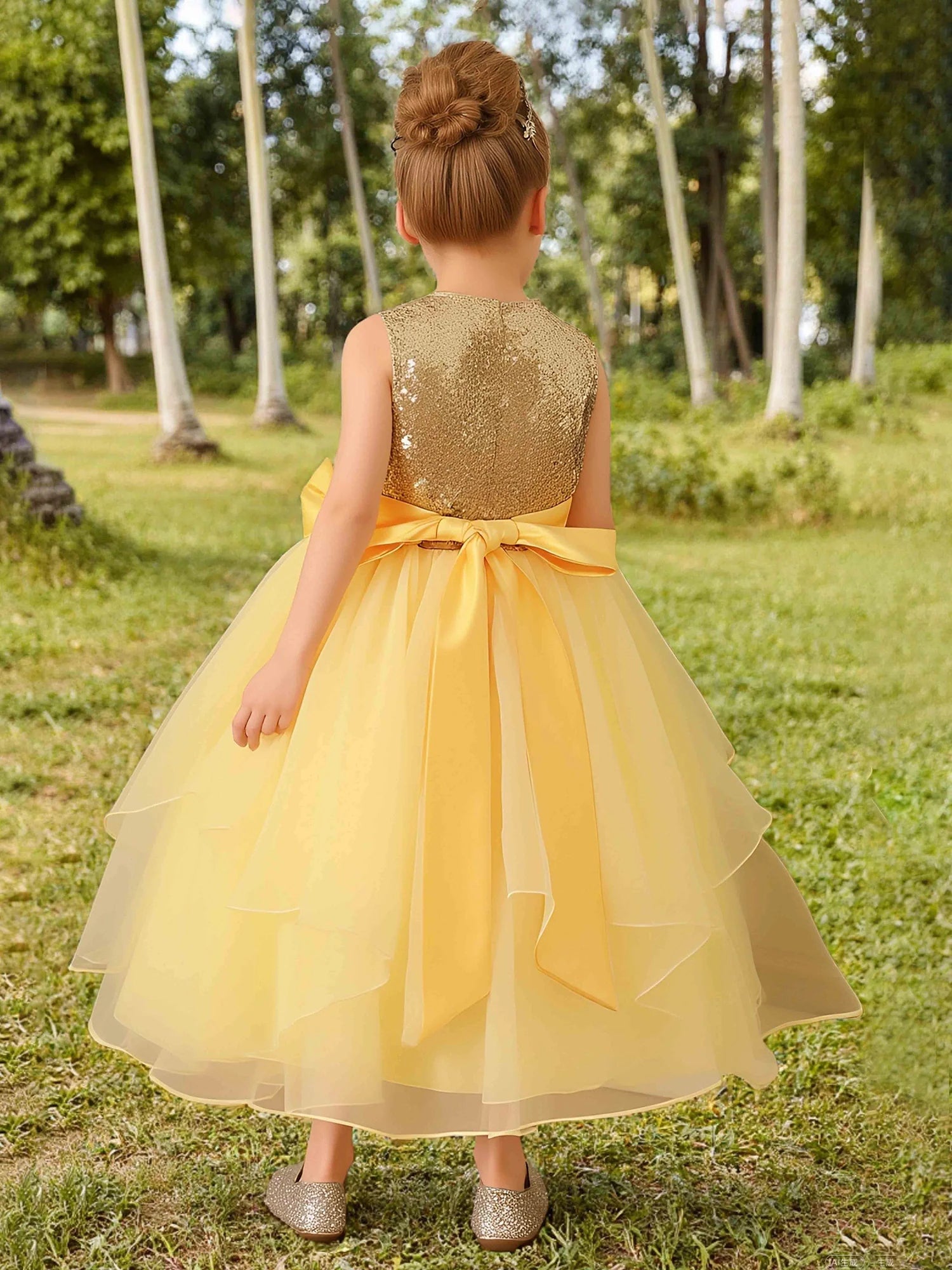 Sleeveless Round Gold Sequin Back Big Bow Yellow Ruffle Tulle Midi Flower Girl Dresses