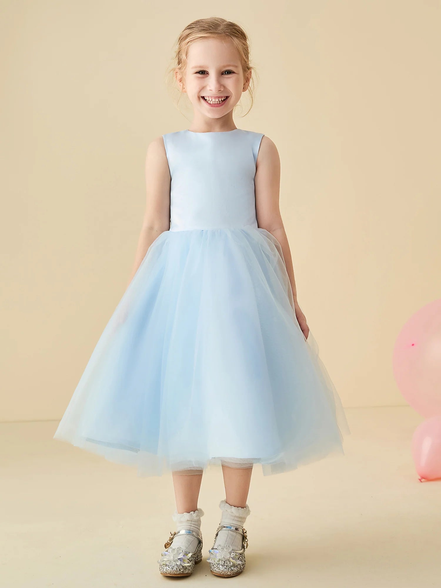 Sleeveless Round Heart Cutout Back Big Satin Bow Light Blue Tulle Midi Swing Flower Girl Dresses