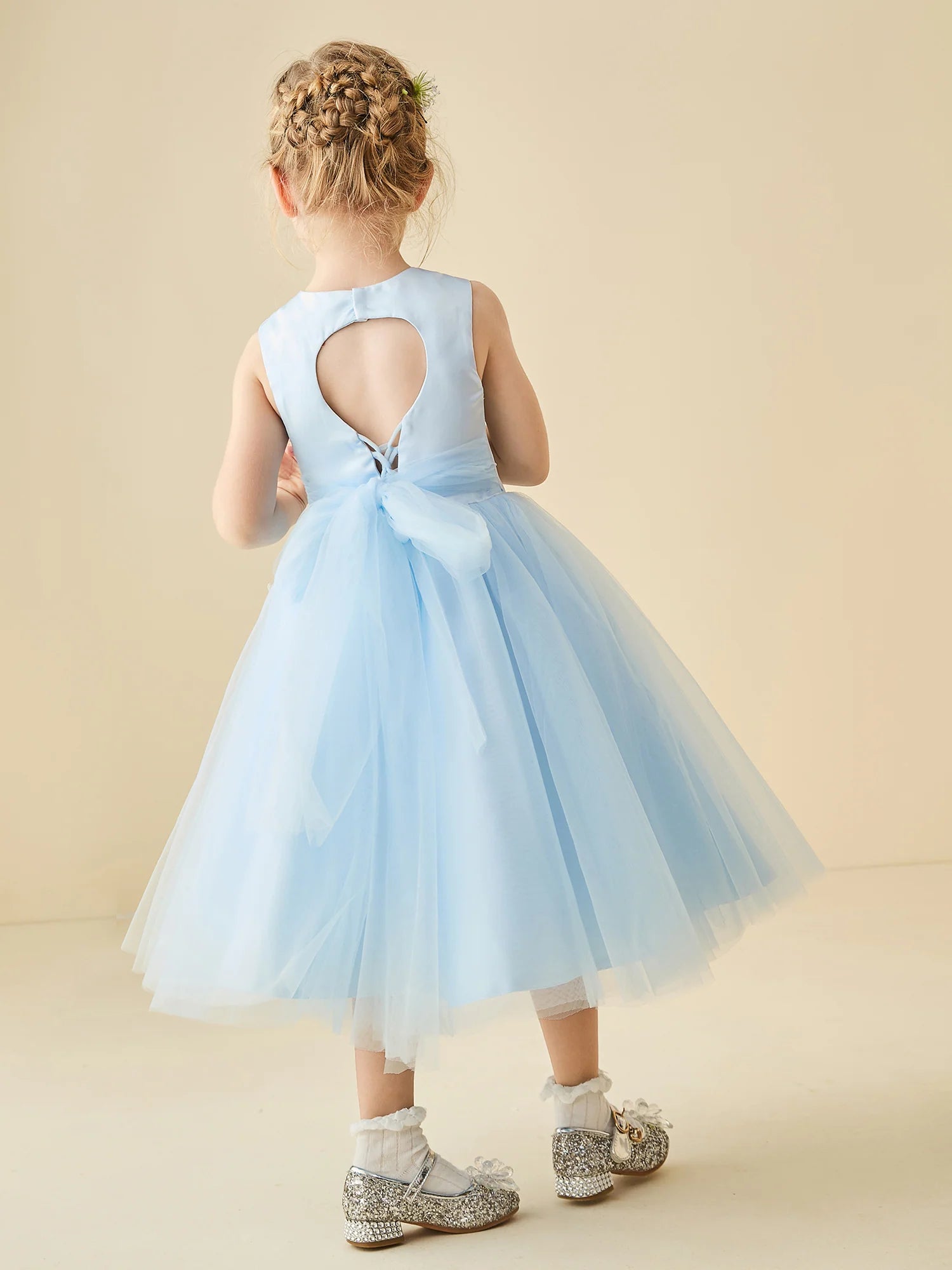 Sleeveless Round Heart Cutout Back Big Satin Bow Light Blue Tulle Midi Swing Flower Girl Dresses