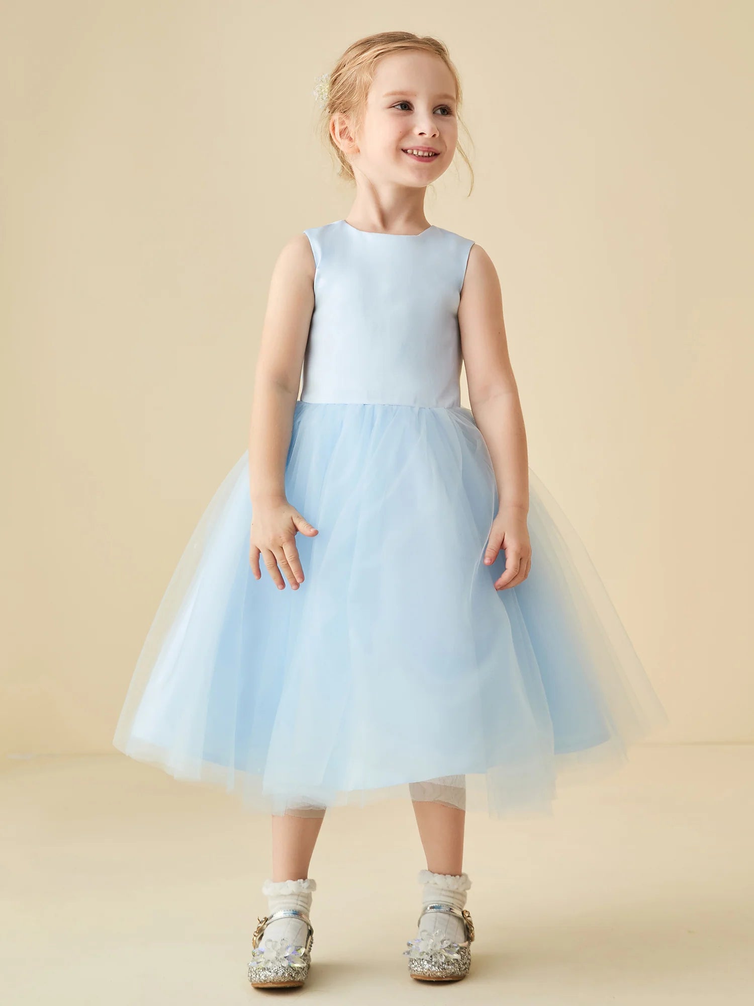 Sleeveless Round Heart Cutout Back Big Satin Bow Light Blue Tulle Midi Swing Flower Girl Dresses