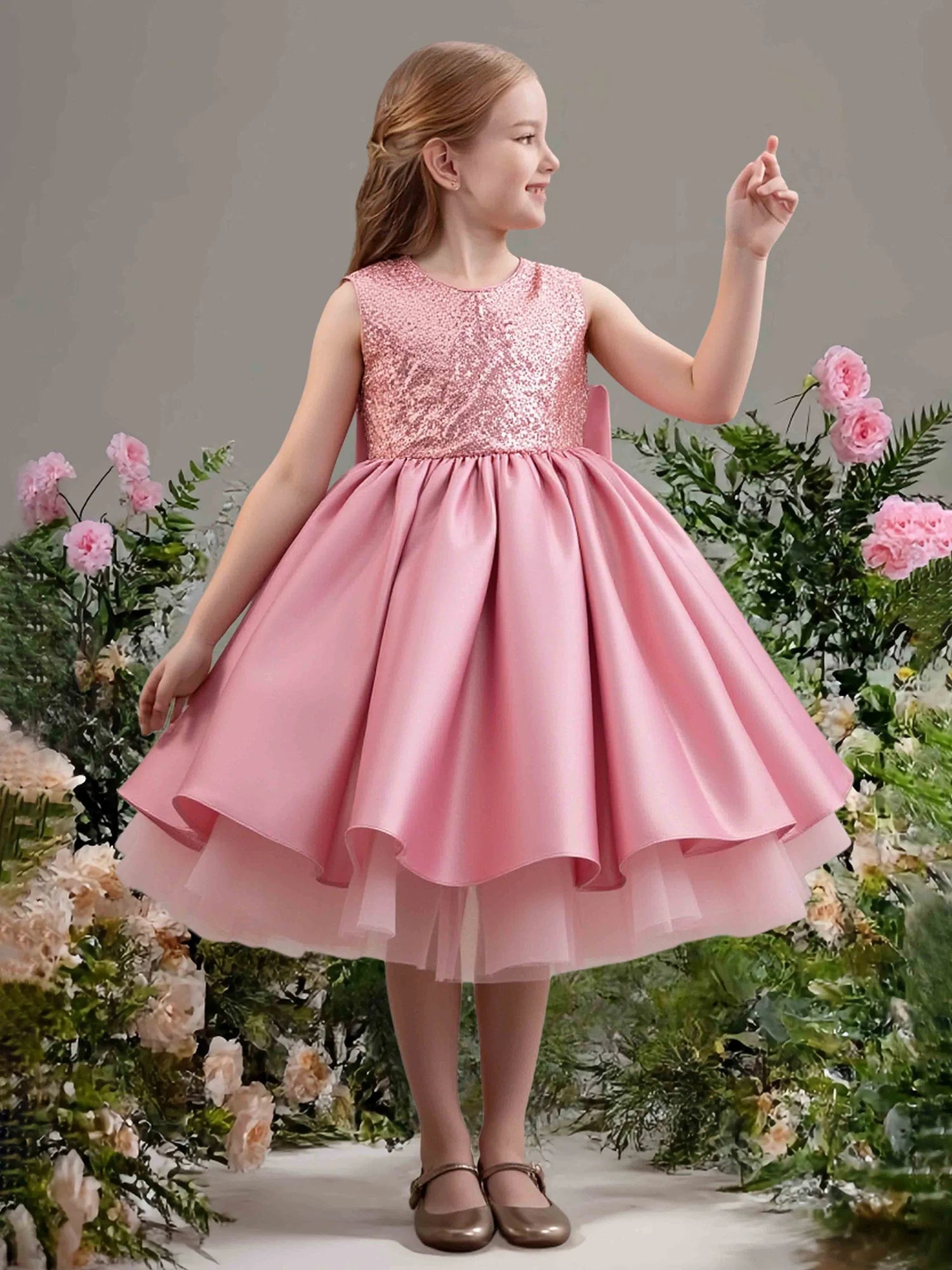 Sleeveless Round Heart Cutout Back Big Satin Bow Pink Sequin Satin Tulle Short Flower Girl Dresses