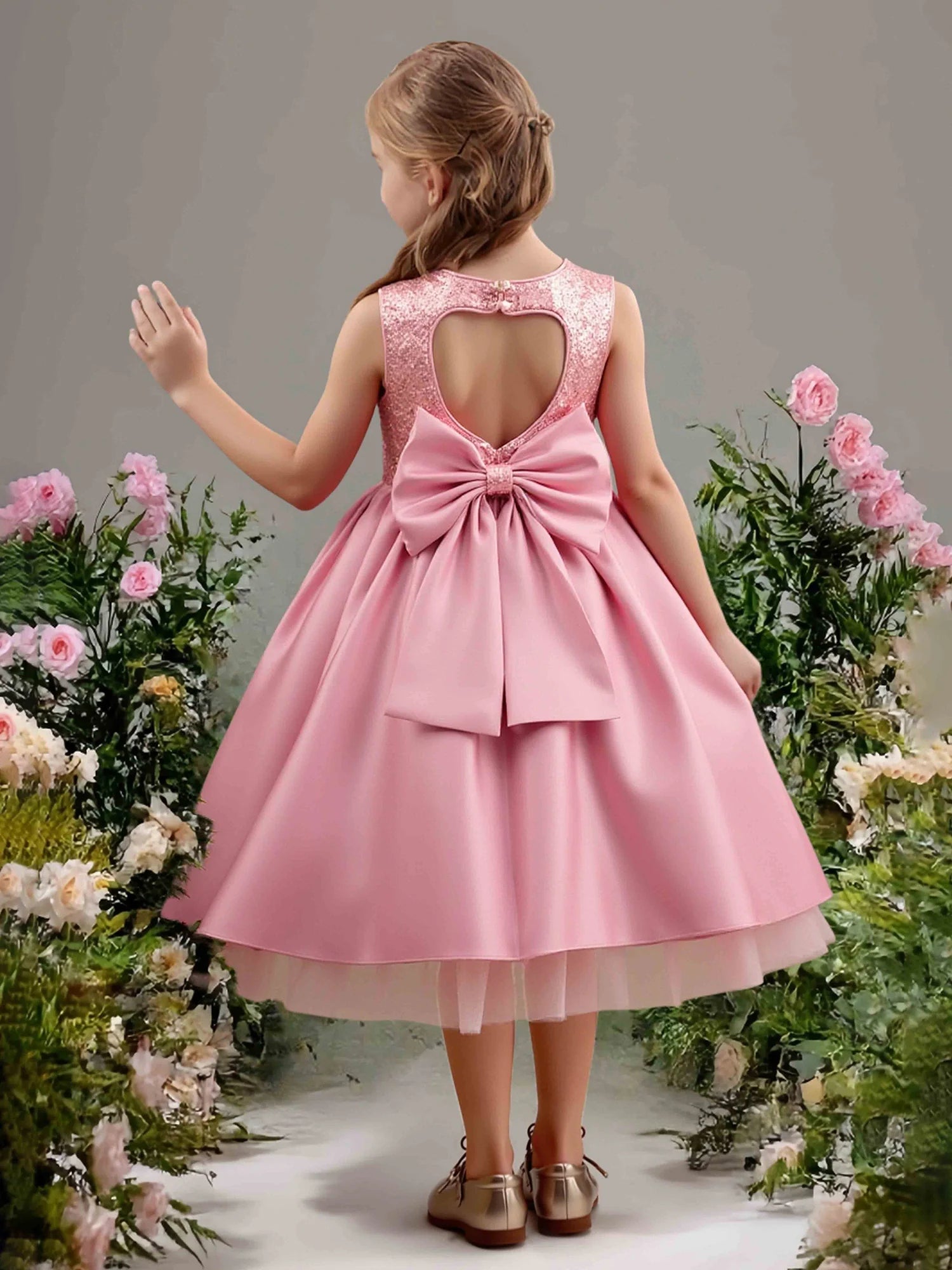 Sleeveless Round Heart Cutout Back Big Satin Bow Pink Sequin Satin Tulle Short Flower Girl Dresses