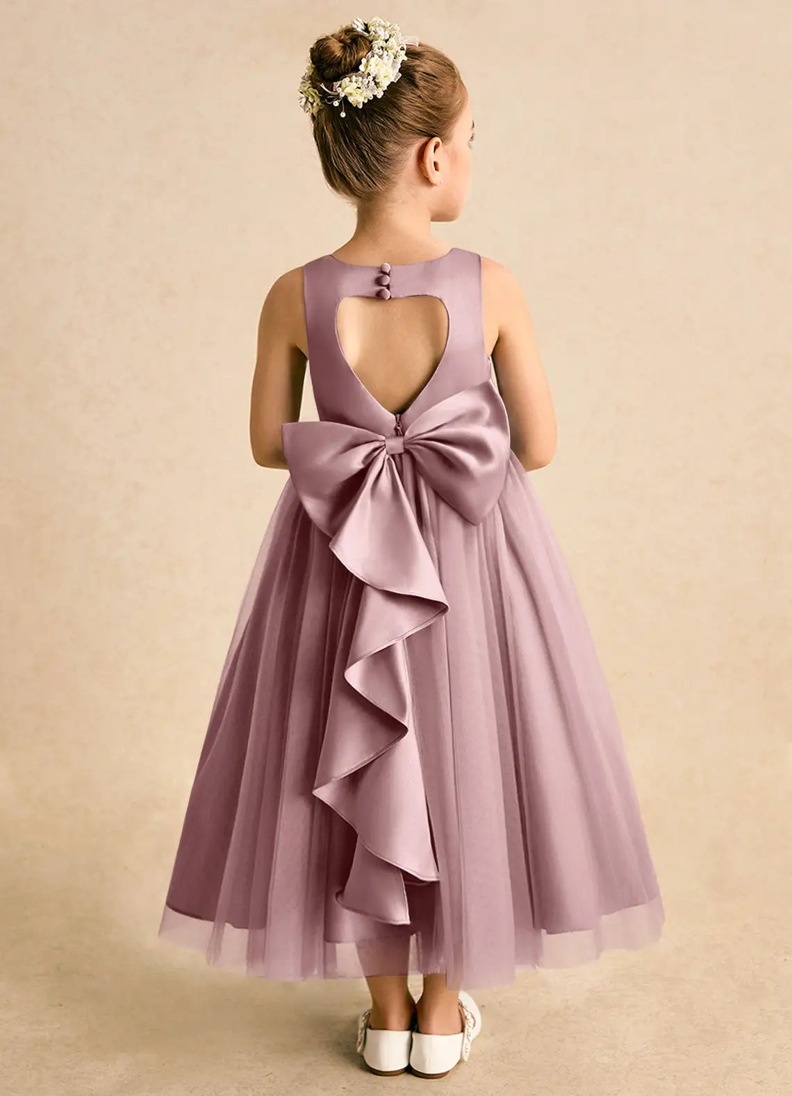 Sleeveless Round Heart Cutout Giant Ruffle Bow Dusty Purple Tulle Midi Flower Girl Dresses