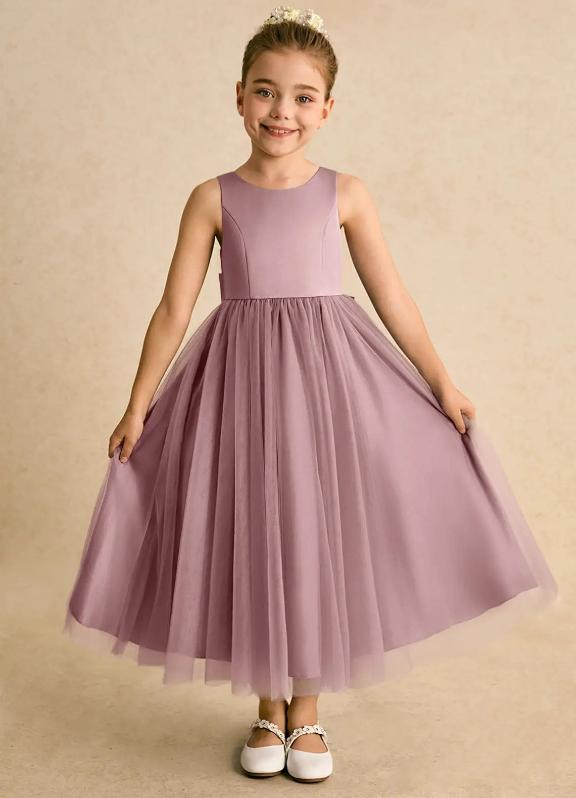 Sleeveless Round Heart Cutout Giant Ruffle Bow Dusty Purple Tulle Midi Flower Girl Dresses