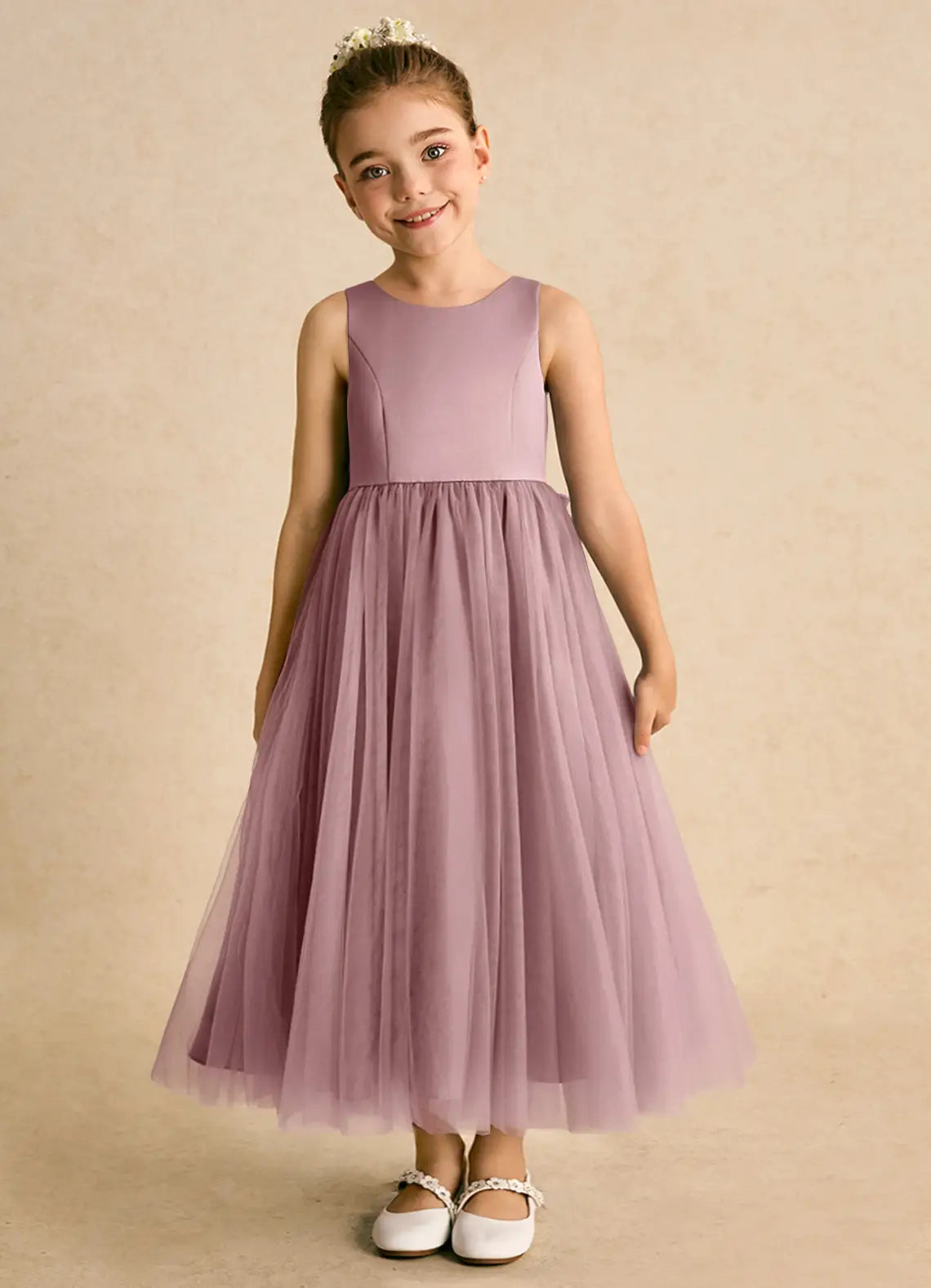 Sleeveless Round Heart Cutout Giant Ruffle Bow Dusty Purple Tulle Midi Flower Girl Dresses