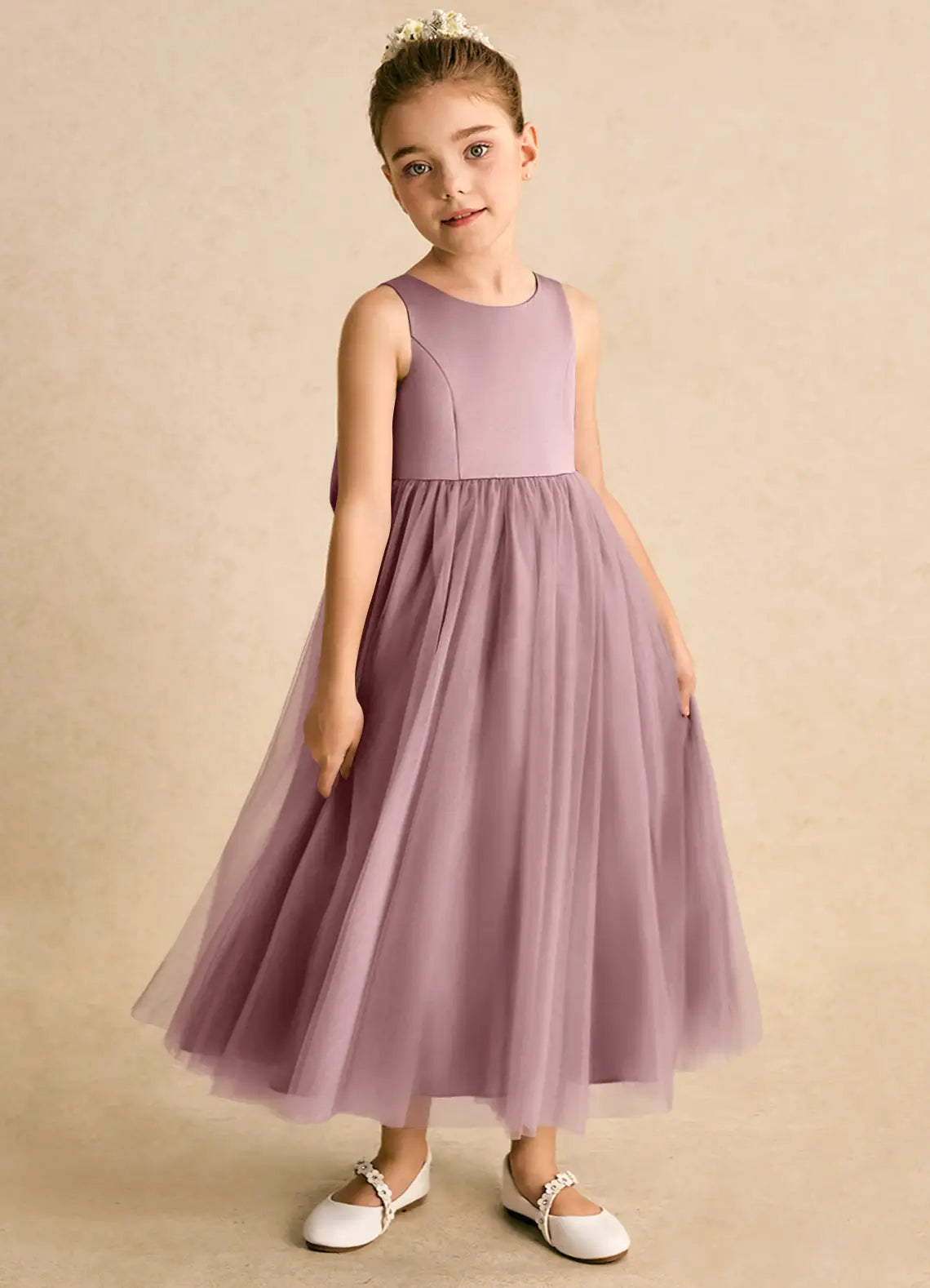 Sleeveless Round Heart Cutout Giant Ruffle Bow Dusty Purple Tulle Midi Flower Girl Dresses