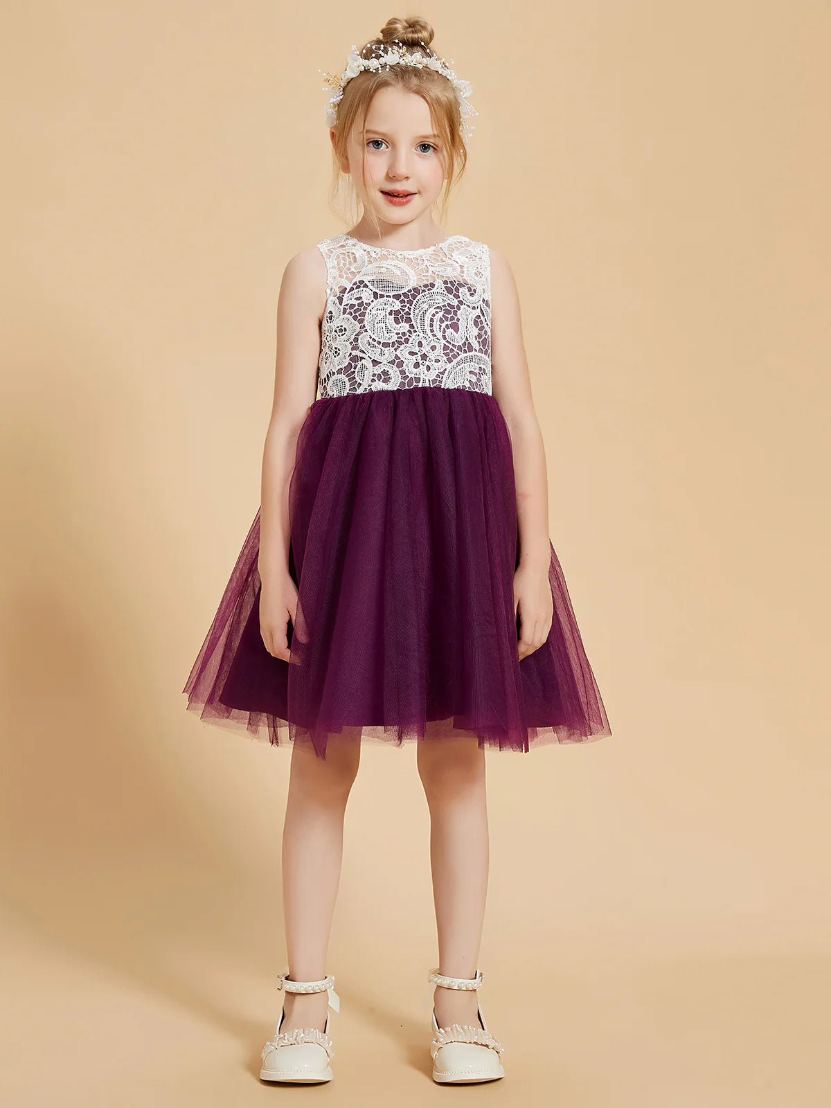 Sleeveless Round Keyhole Back White Lace Deep Purple Tulle Midi Swing Flower Girl Dresses