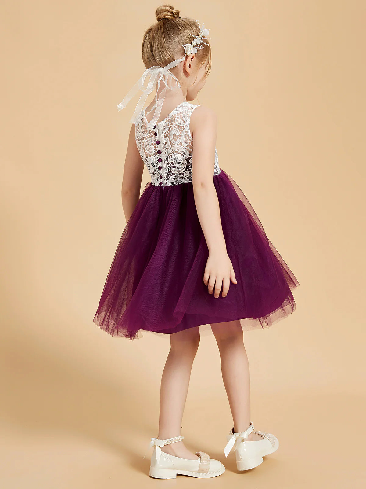 Sleeveless Round Keyhole Back White Lace Deep Purple Tulle Midi Swing Flower Girl Dresses