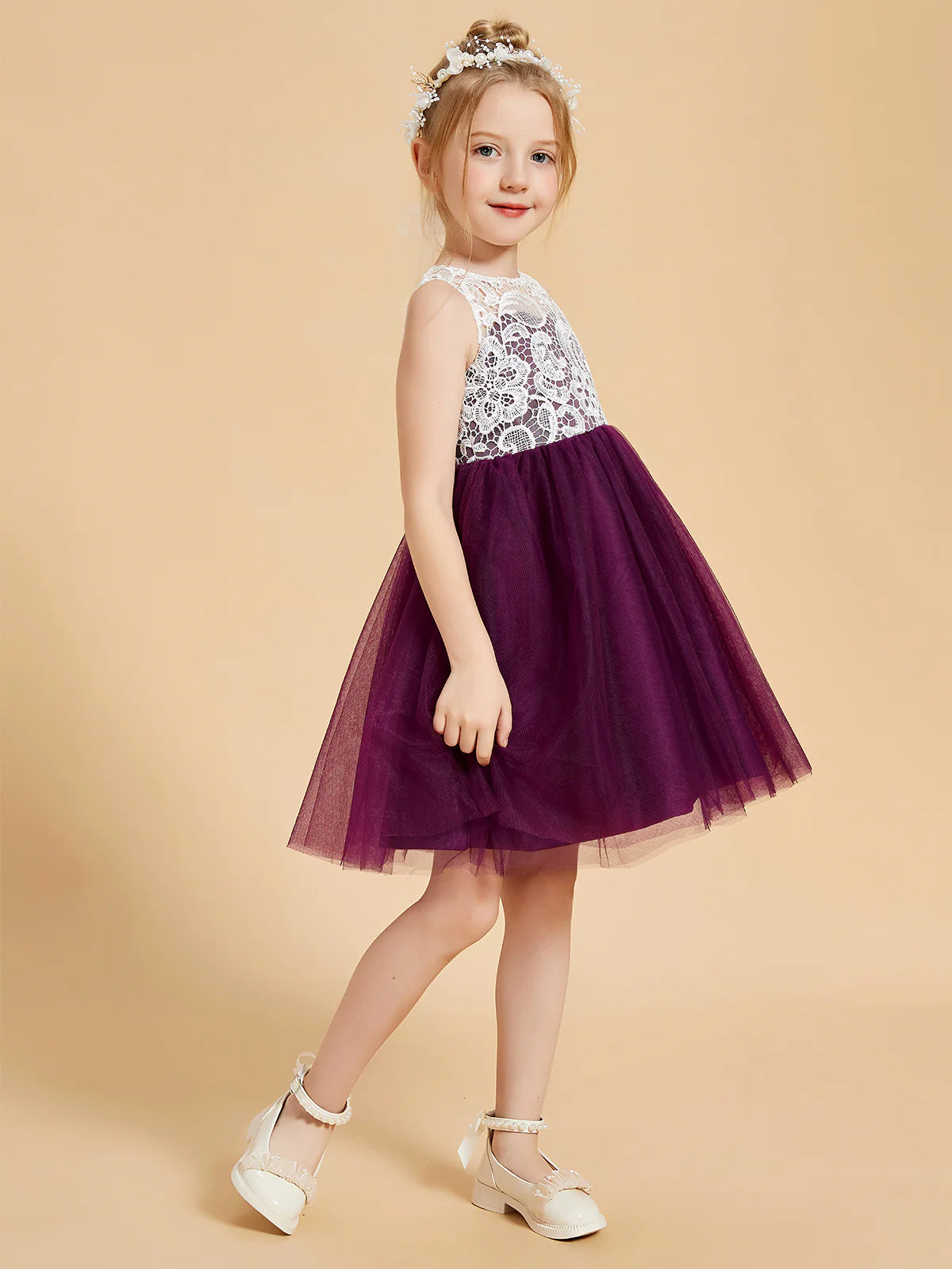 Sleeveless Round Keyhole Back White Lace Deep Purple Tulle Midi Swing Flower Girl Dresses