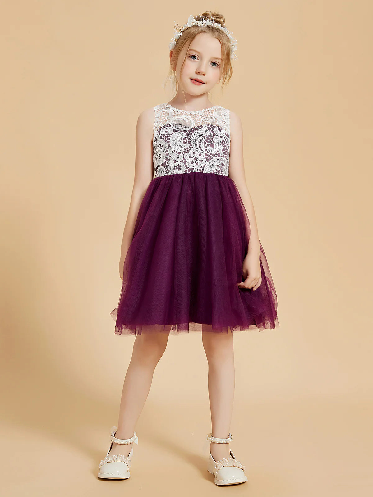 Sleeveless Round Keyhole Back White Lace Deep Purple Tulle Midi Swing Flower Girl Dresses