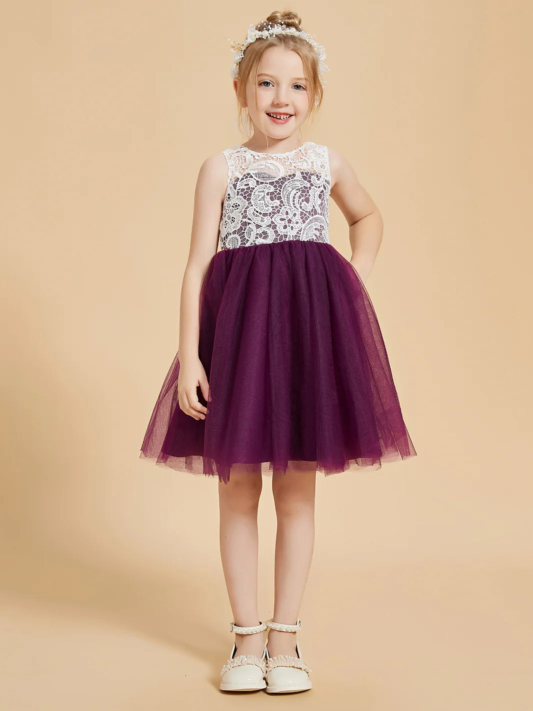 Sleeveless Round Keyhole Back White Lace Deep Purple Tulle Midi Swing Flower Girl Dresses