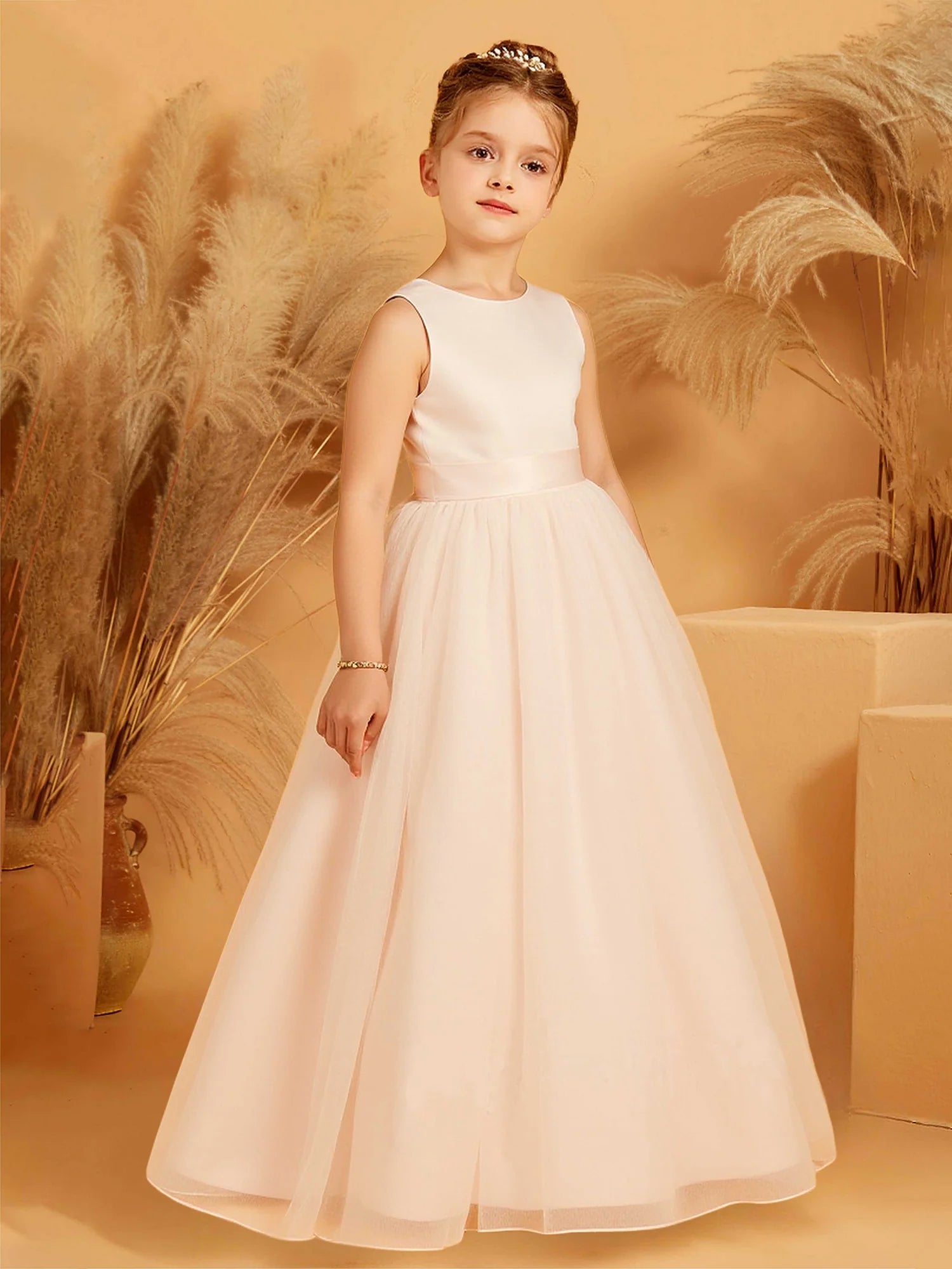 Sleeveless Round Keyhole V Back Big Satin Bow Champagne Satin Tulle Floor Length Flower Girl Dresses