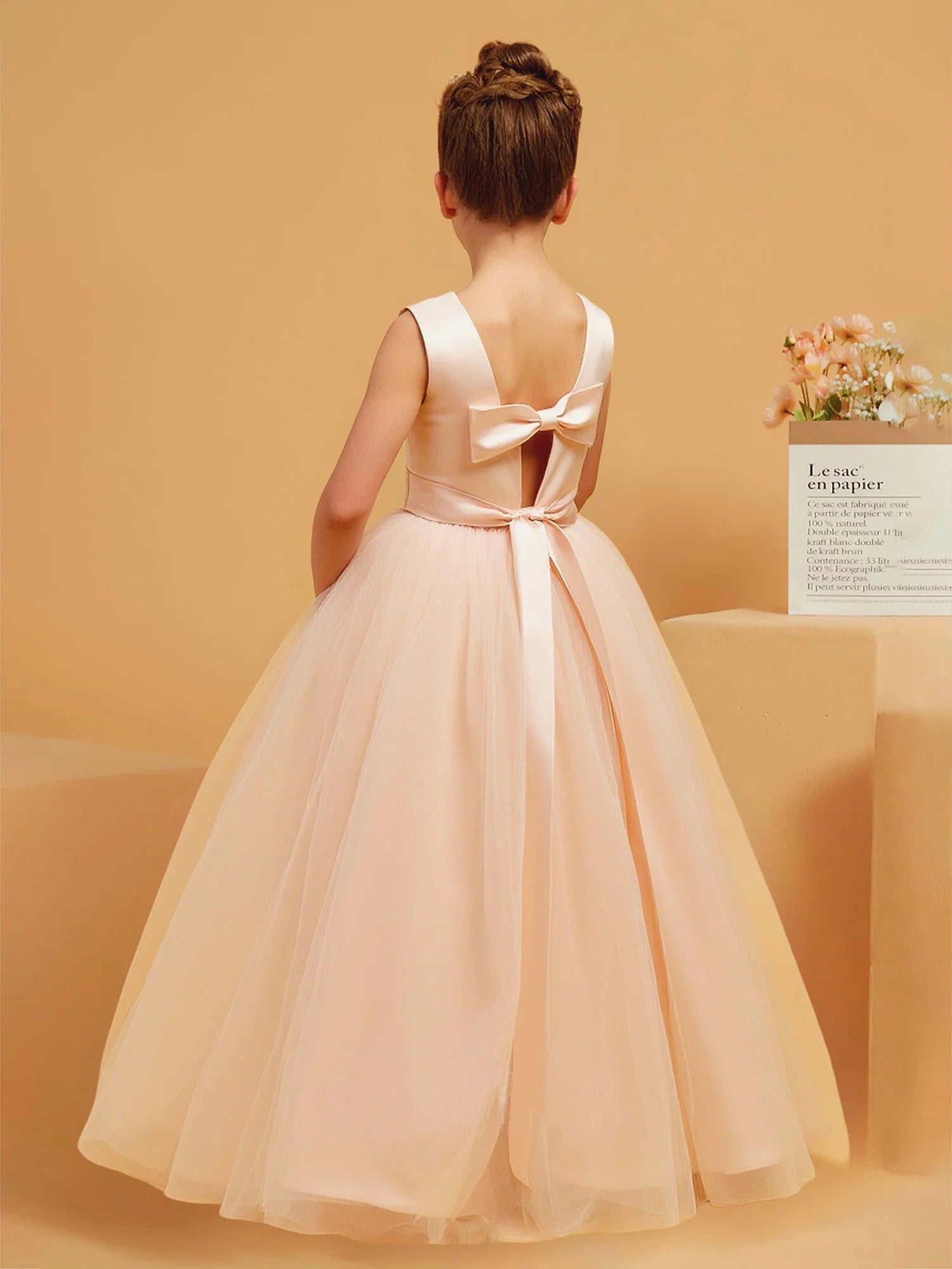 Sleeveless Round Keyhole V Back Big Satin Bow Champagne Satin Tulle Floor Length Flower Girl Dresses