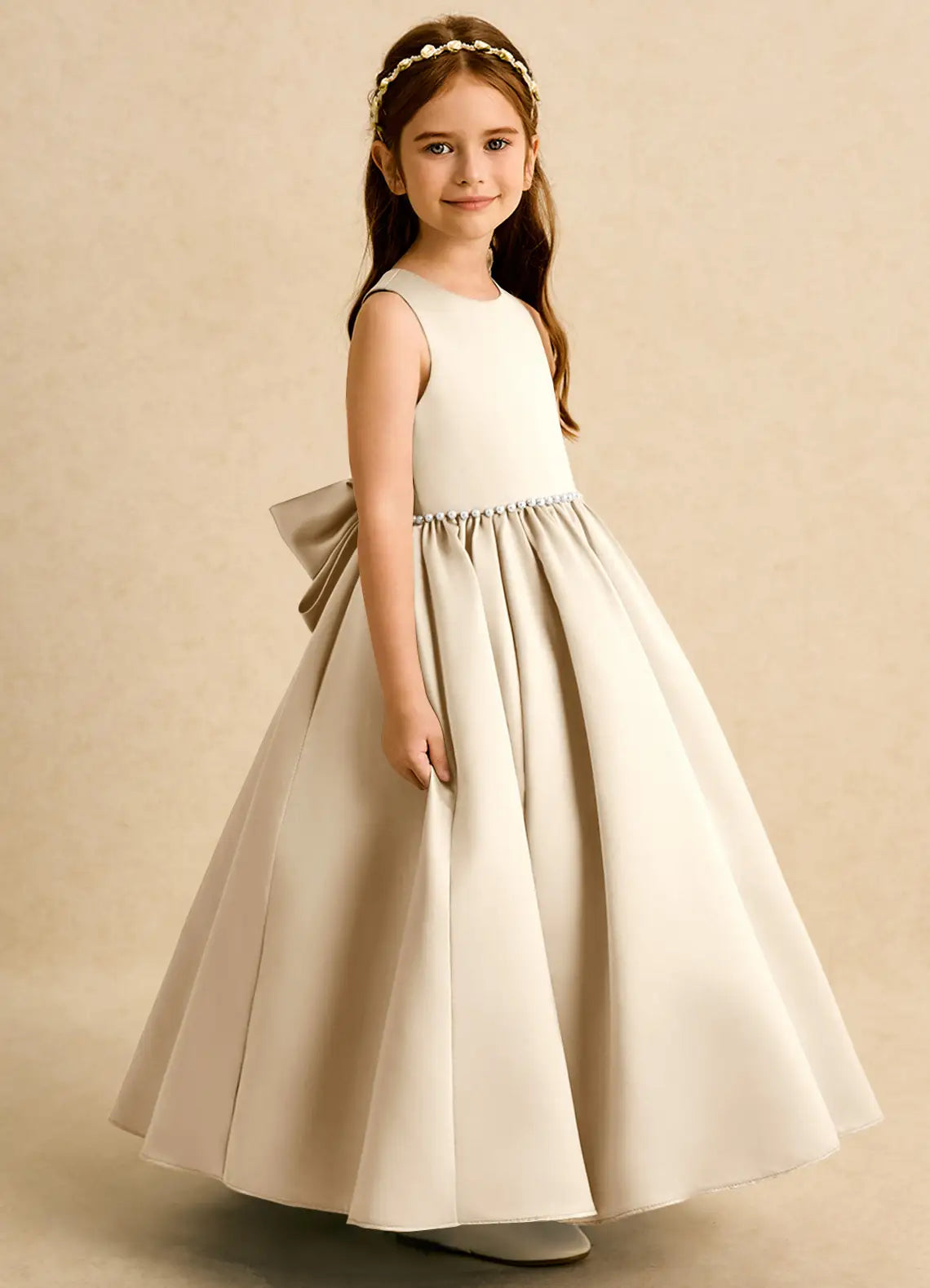 Sleeveless Round Keyhole V-Back Big Self-Tie Bow Pearl Waistband Champagne Satin Floor-Length Flower Girl Dresses