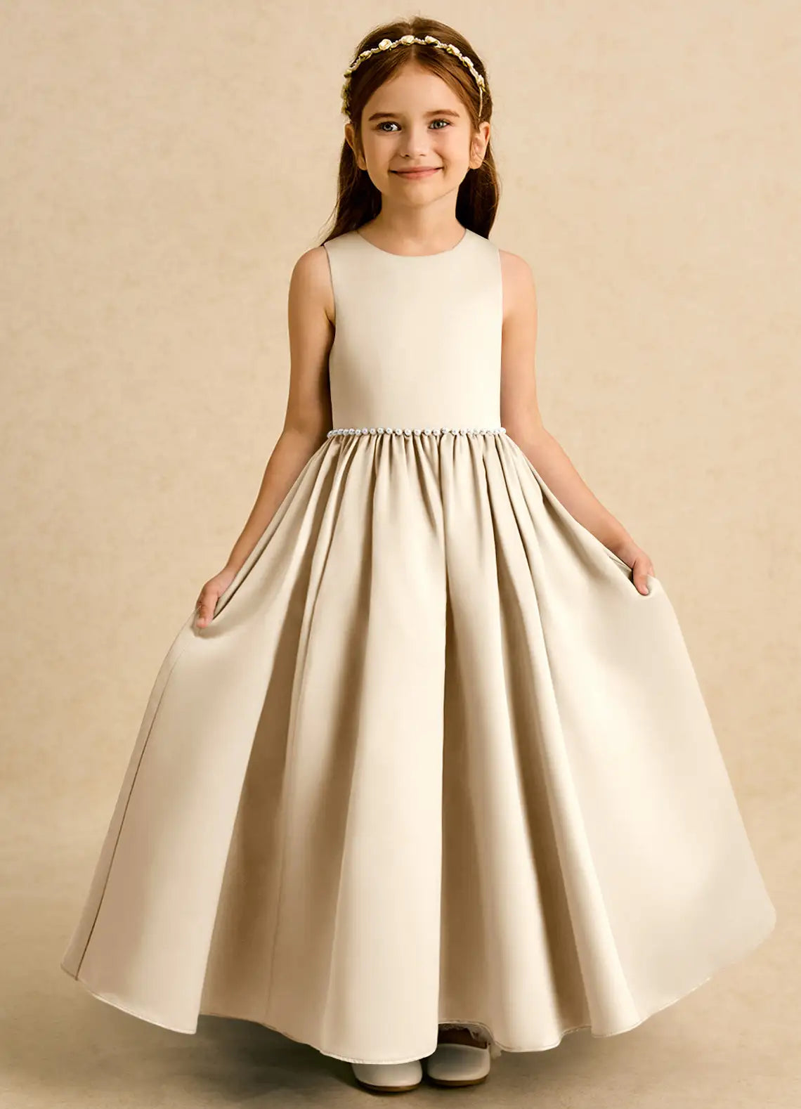 Sleeveless Round Keyhole V-Back Big Self-Tie Bow Pearl Waistband Champagne Satin Floor-Length Flower Girl Dresses