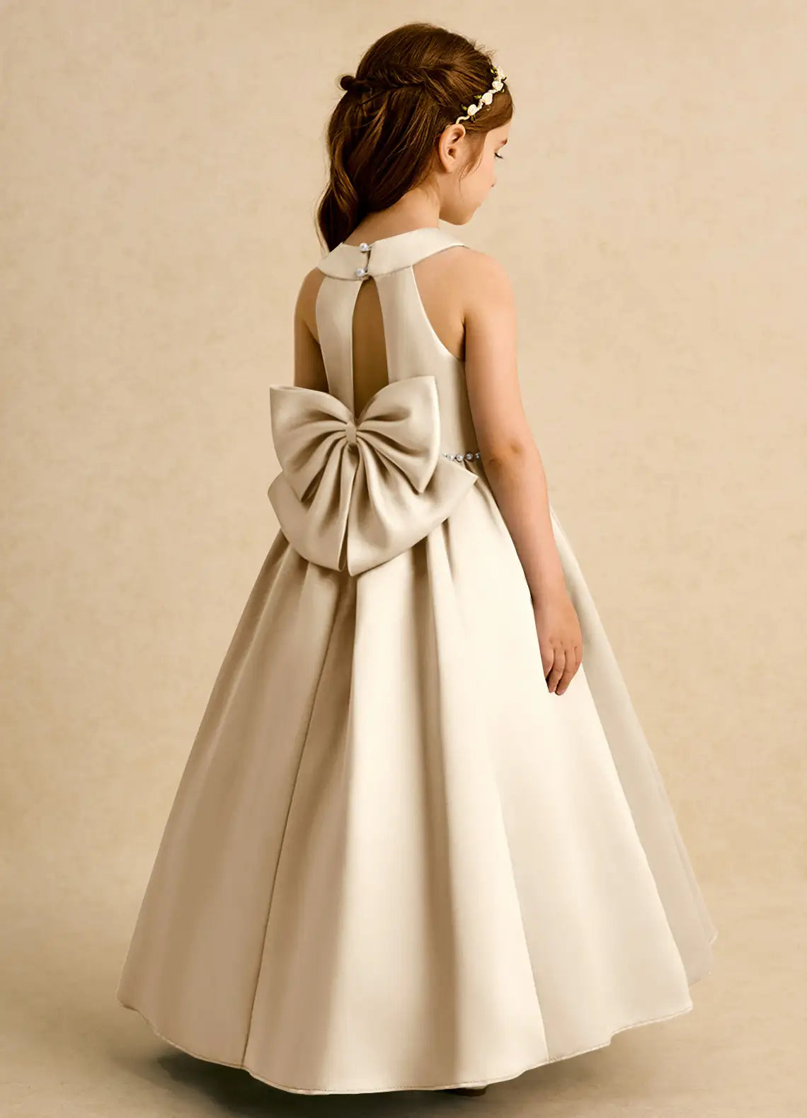 Sleeveless Round Keyhole V-Back Big Self-Tie Bow Pearl Waistband Champagne Satin Floor-Length Flower Girl Dresses