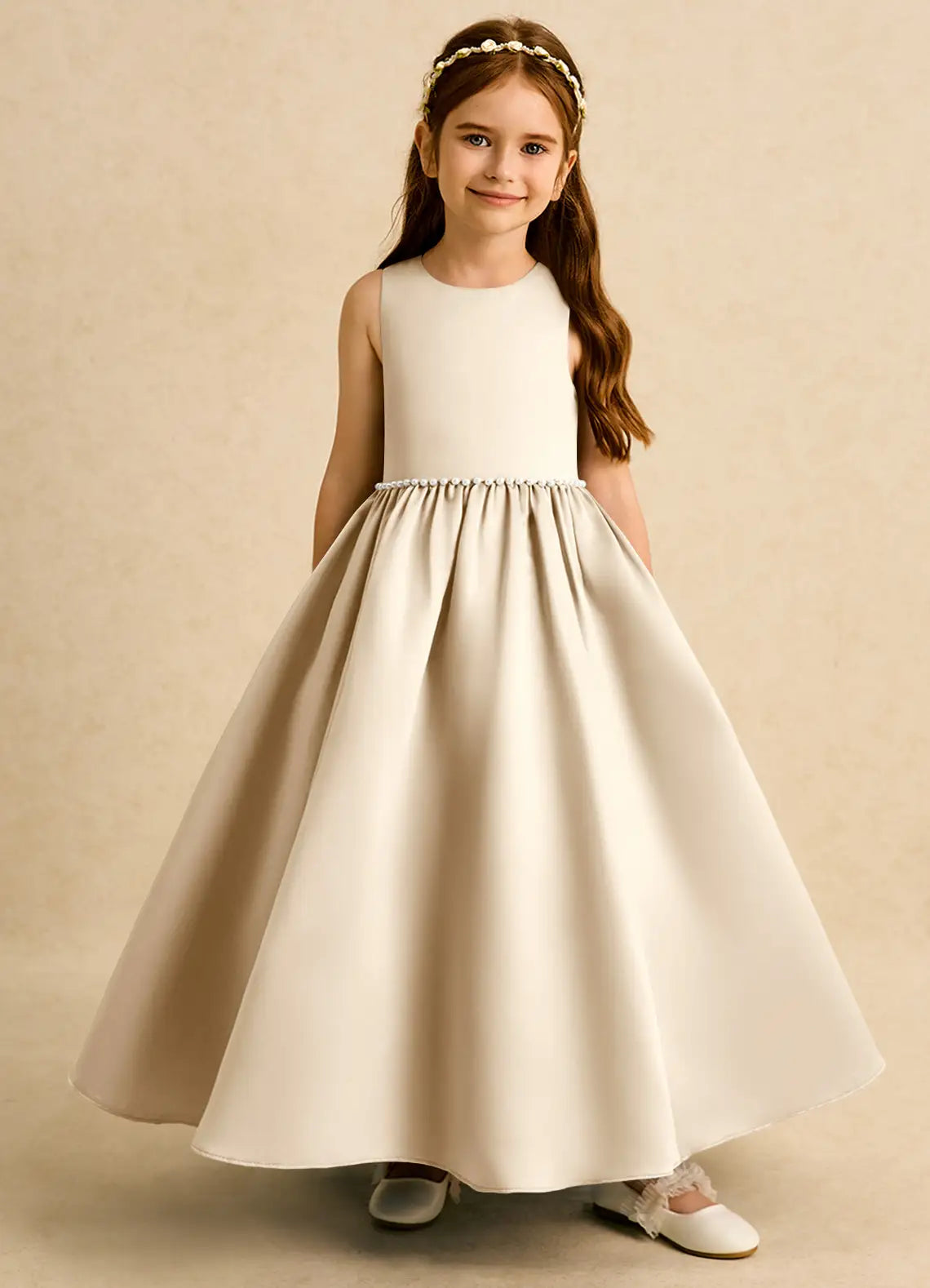 Sleeveless Round Keyhole V-Back Big Self-Tie Bow Pearl Waistband Champagne Satin Floor-Length Flower Girl Dresses