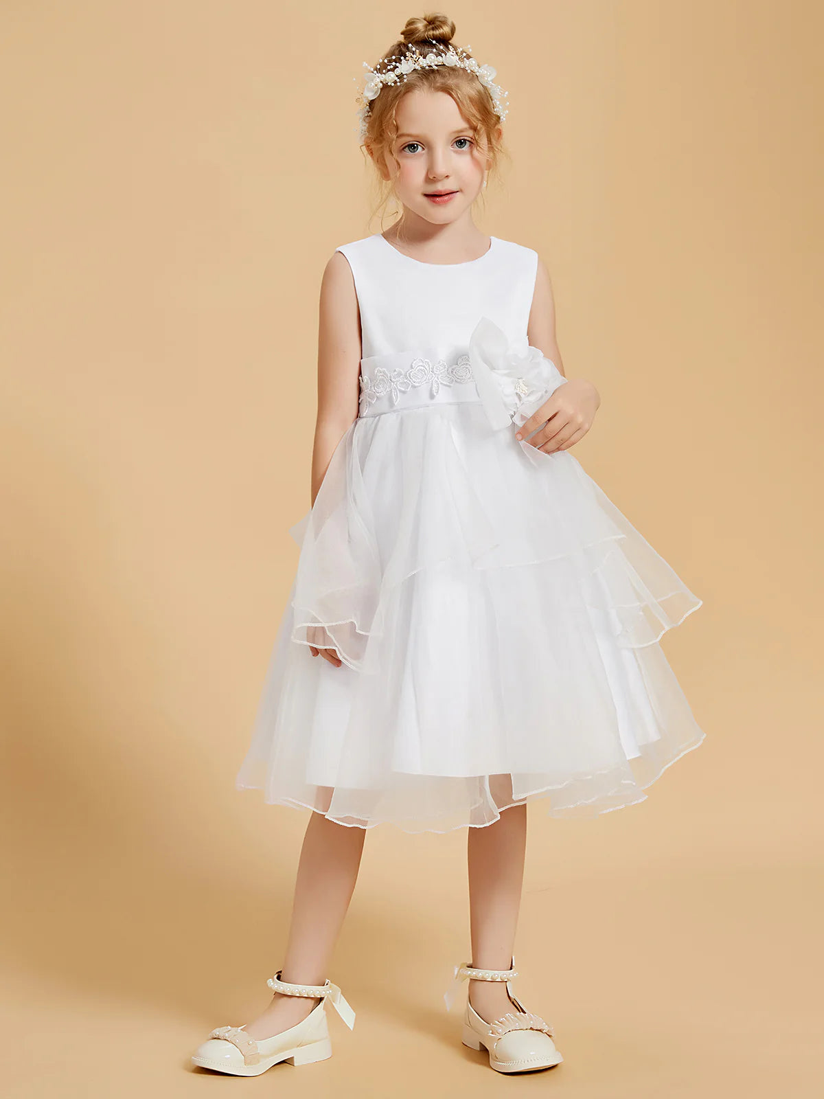Sleeveless Round Lace Waist Big Side Bow White Multi-Layer Ruffle Tulle Midi Swing Flower Girl Dresses