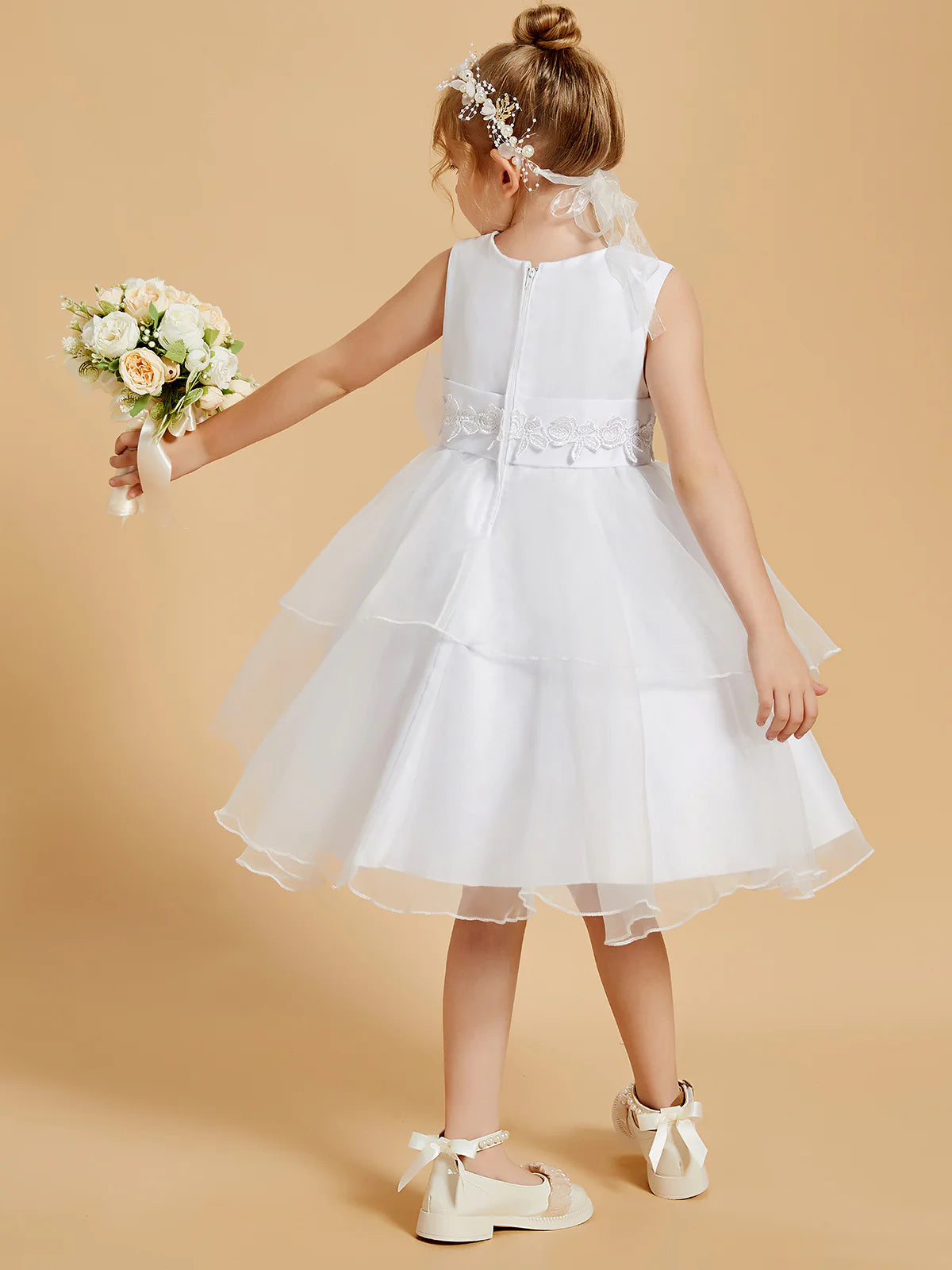Sleeveless Round Lace Waist Big Side Bow White Multi-Layer Ruffle Tulle Midi Swing Flower Girl Dresses