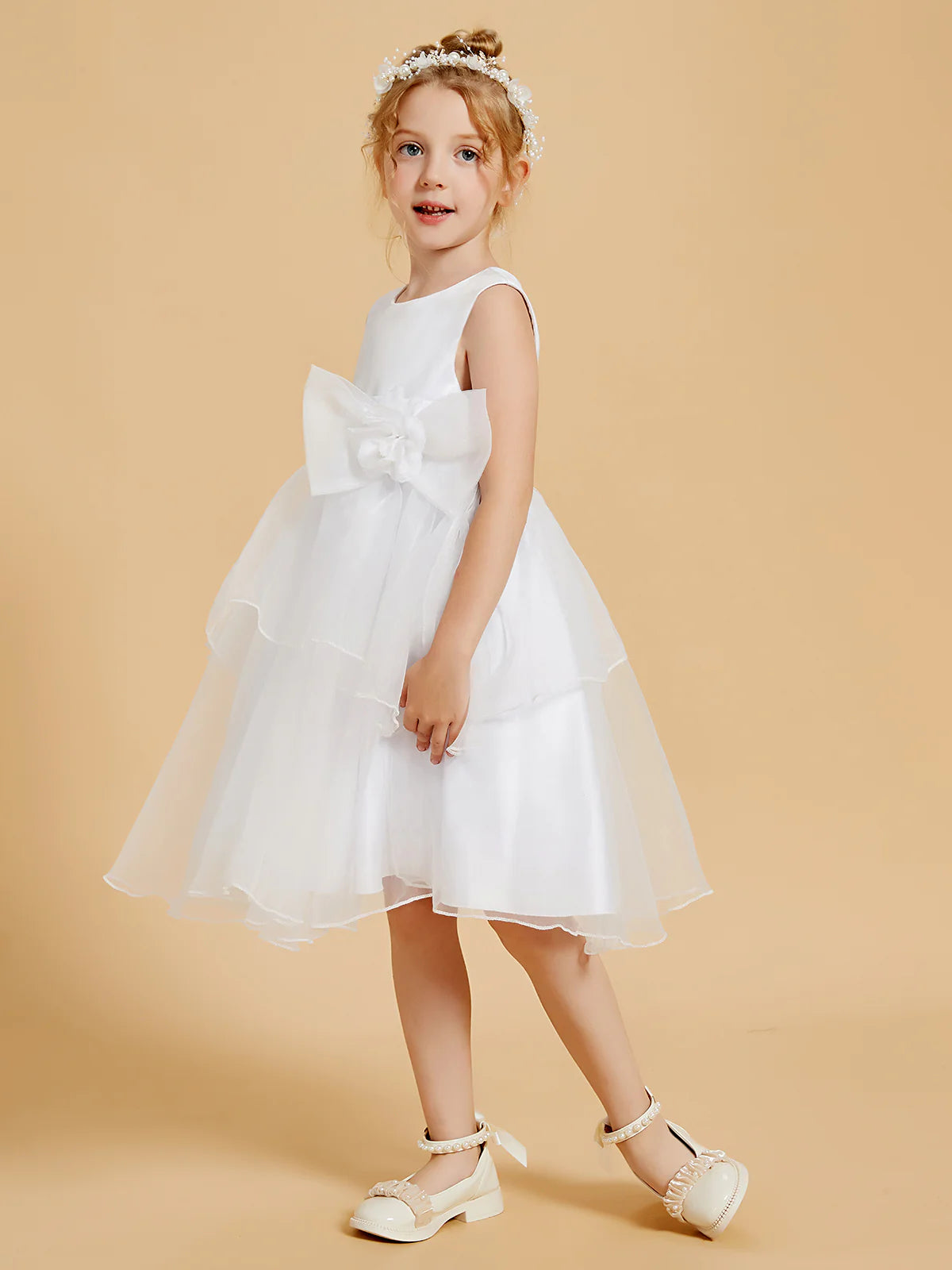 Sleeveless Round Lace Waist Big Side Bow White Multi-Layer Ruffle Tulle Midi Swing Flower Girl Dresses