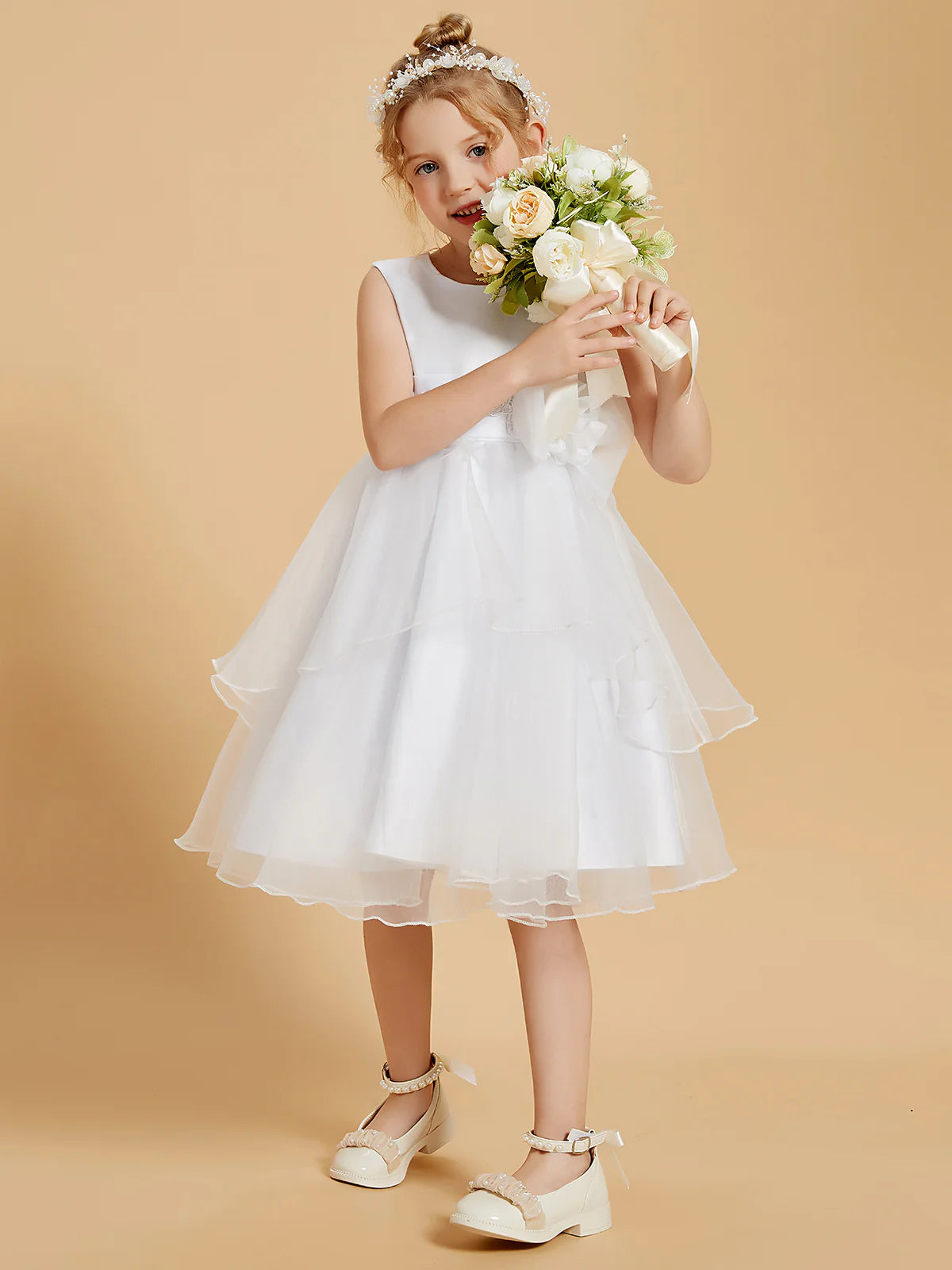 Sleeveless Round Lace Waist Big Side Bow White Multi-Layer Ruffle Tulle Midi Swing Flower Girl Dresses