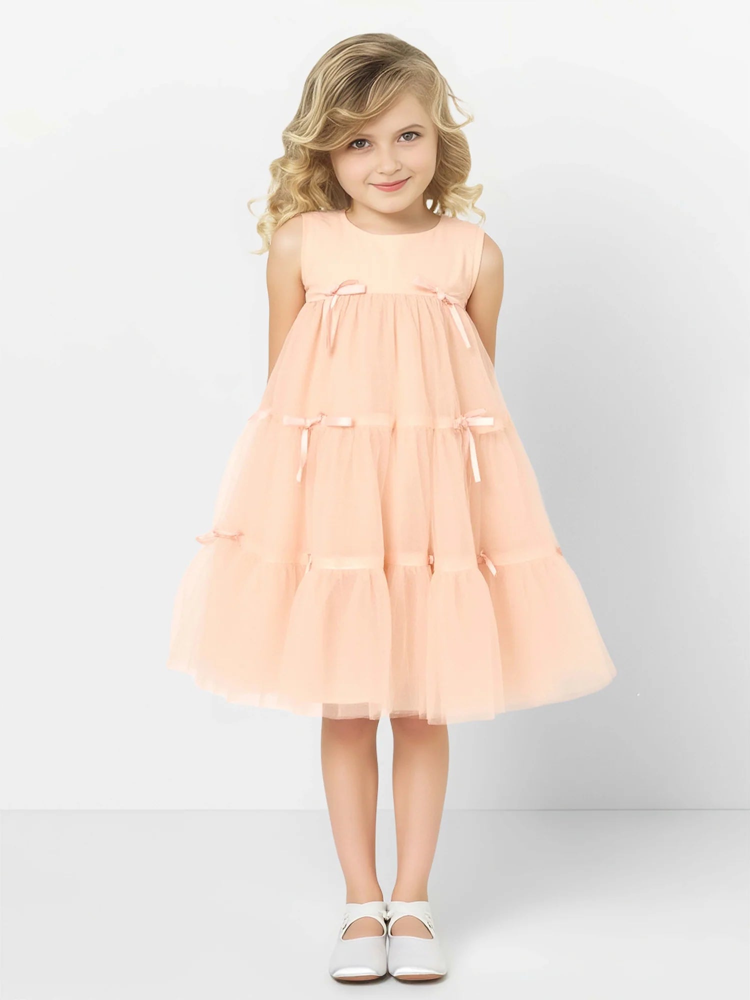 Sleeveless Round Multi Satin Bow Tiered Peach Tulle Short Flower Girl Dresses