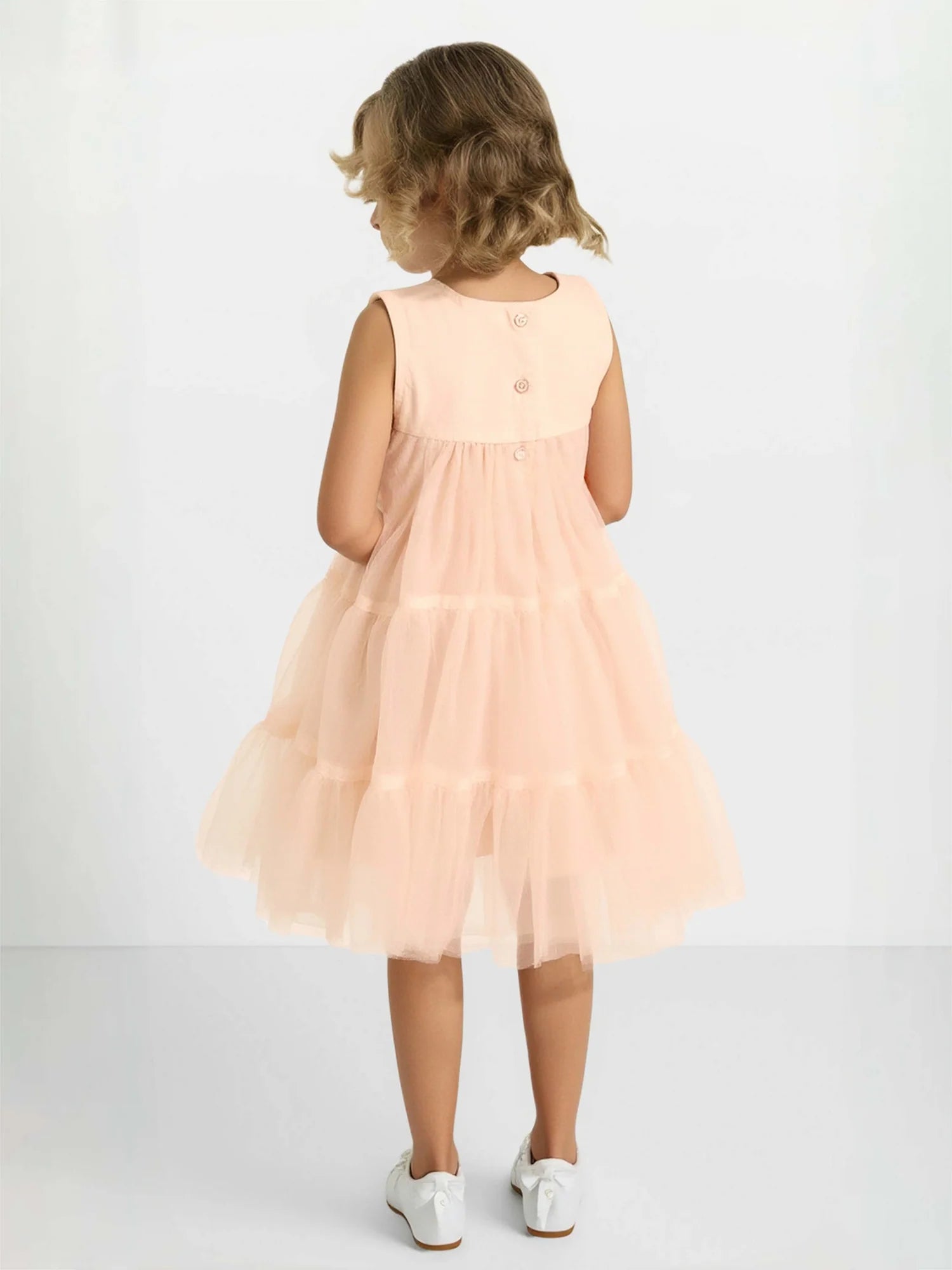 Sleeveless Round Multi Satin Bow Tiered Peach Tulle Short Flower Girl Dresses